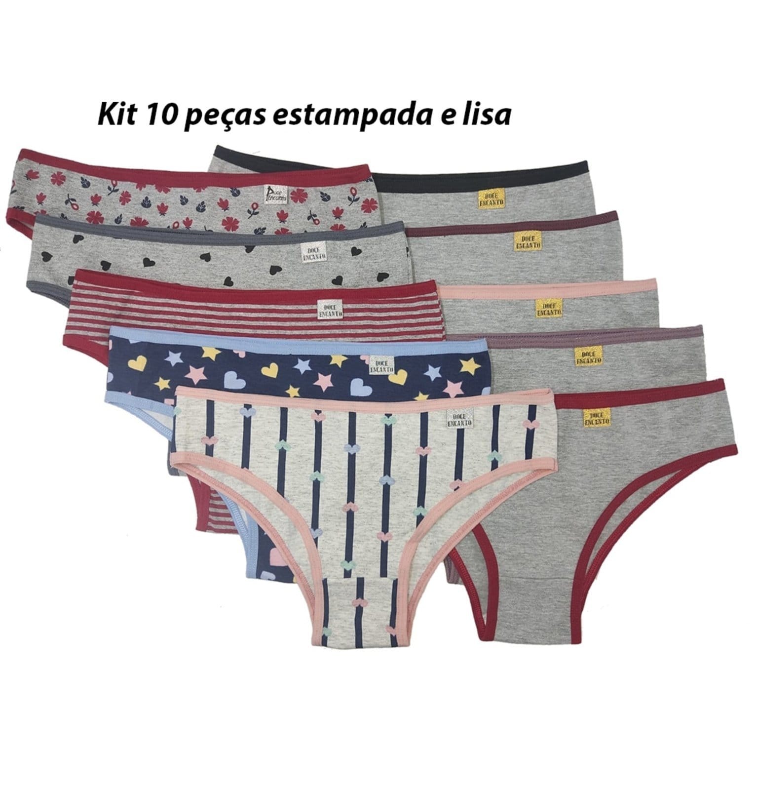 KIT 10 CALCINHAS DE ALGODÁO lisa e estampada REF 090