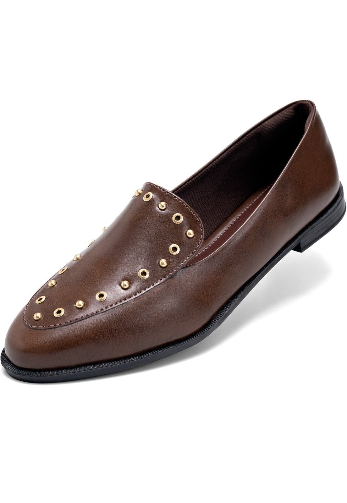 Mocassim Feminino Lumiss Baixo Bico Redondo Tachas Ilhós Dourado Confortável