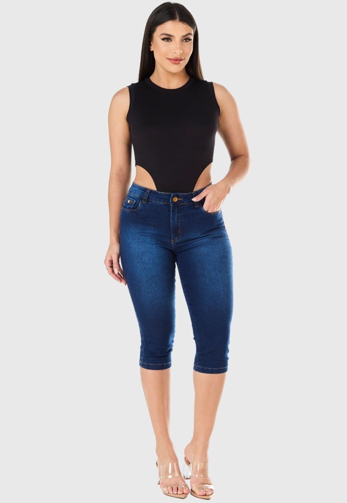 Vista 2 Calça Capri HNO Jeans Skinny Cintura Alta Elastano Classic Marinho HNO Jeans azul