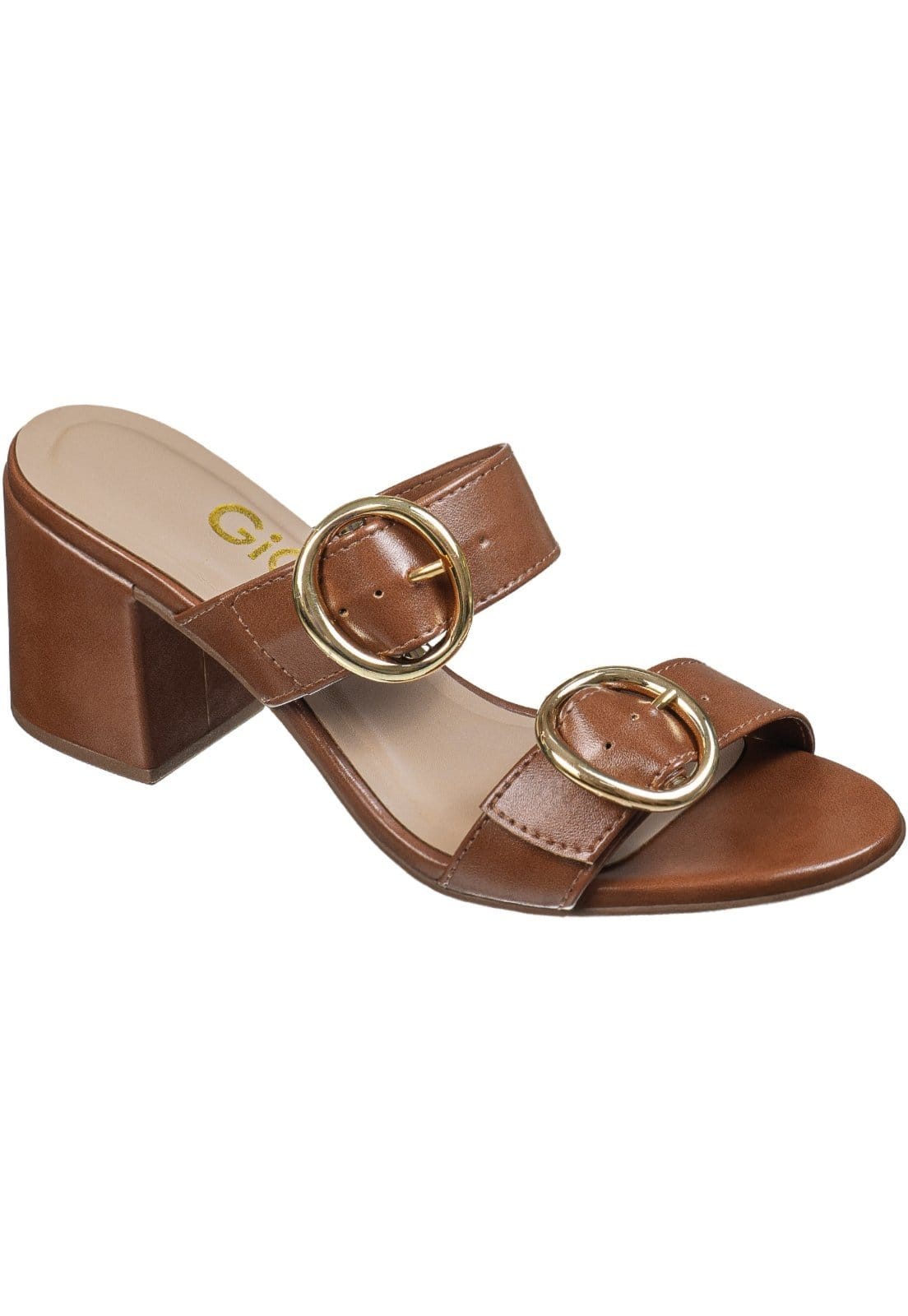 Vista 2 Sandália Feminina GiGiL Salto Bloco Tiras Fivela Lateral Metalizado Confortável Estilosa Gigil caramelo