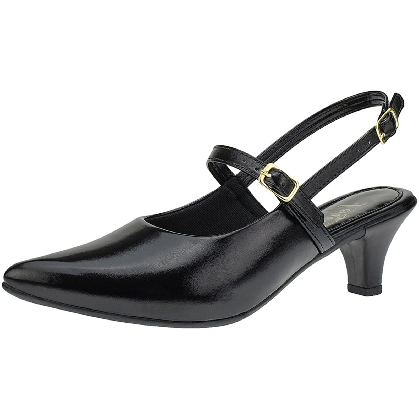 Vista 2 Sapato Lóris Shoes Feminino Scarpin Salto Baixo Fino Sapato SlingBack Retrô 205-01 Sintético LÓRIS SHOES preto