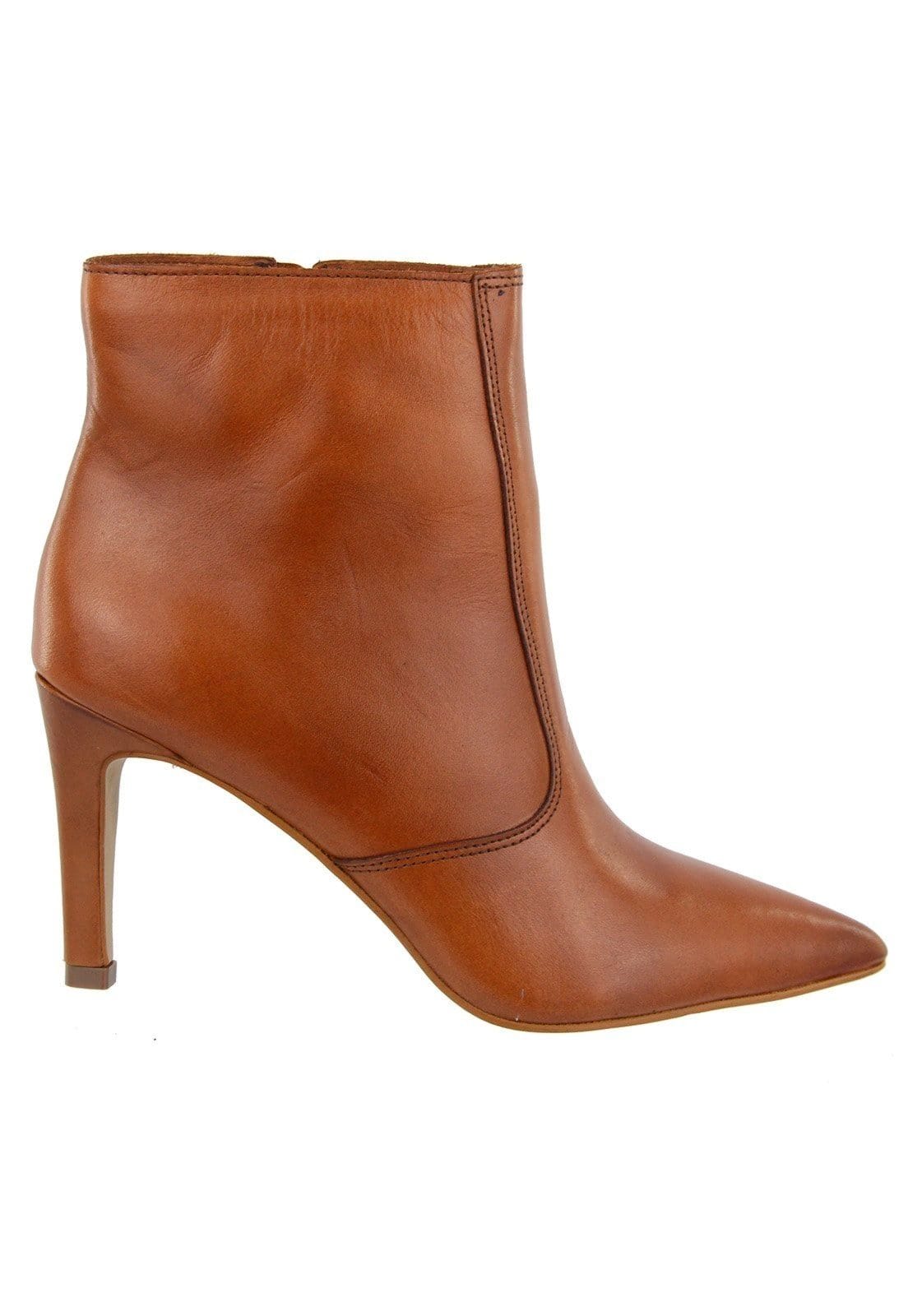 Vista 2 Bota Salto Fino Cano Curto Bico Fino em Couro Maria Paula Camel MARIA PAULA caramelo