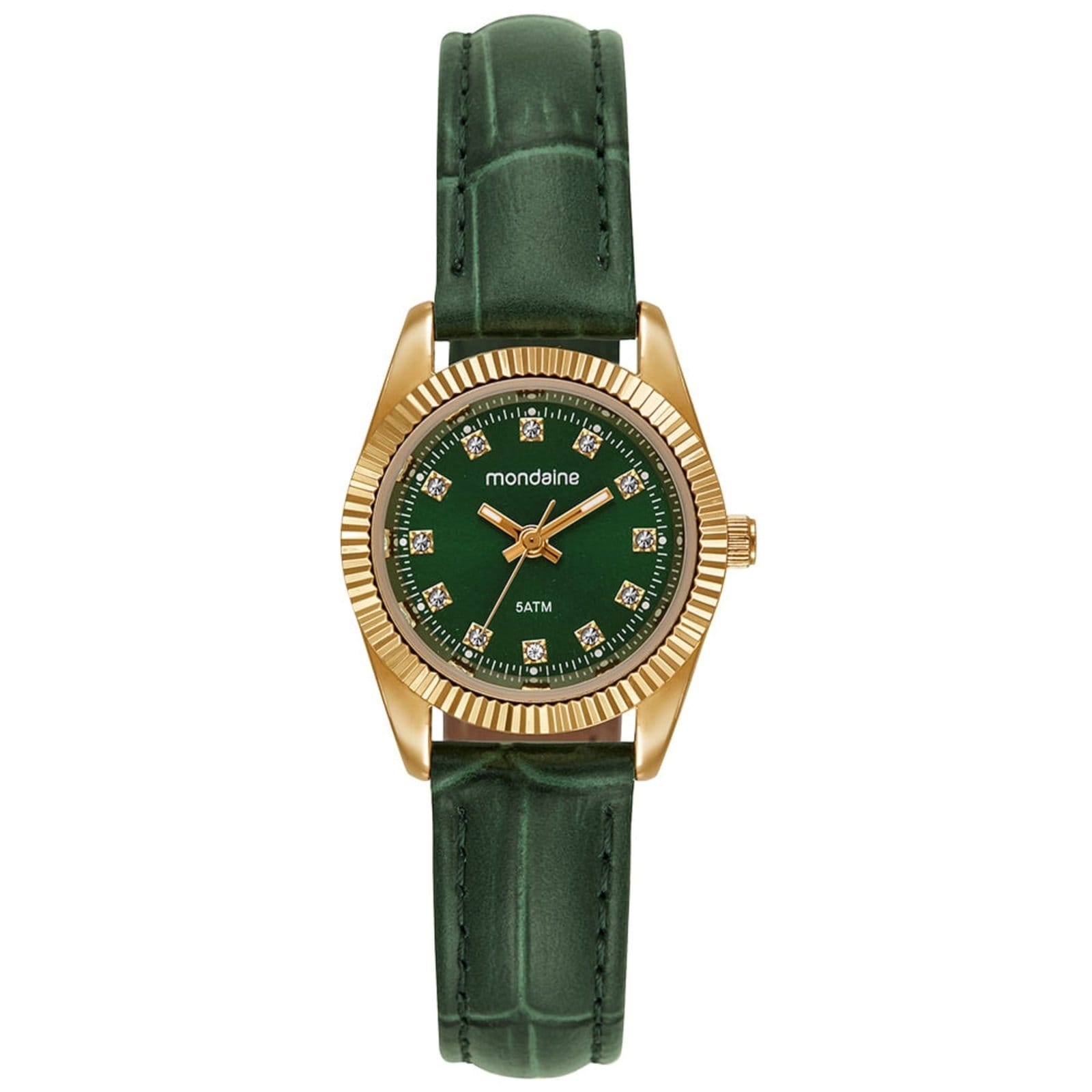 Vista principal Relógio Feminino Caixa Pequena Couro Dourado e Mondaine verde