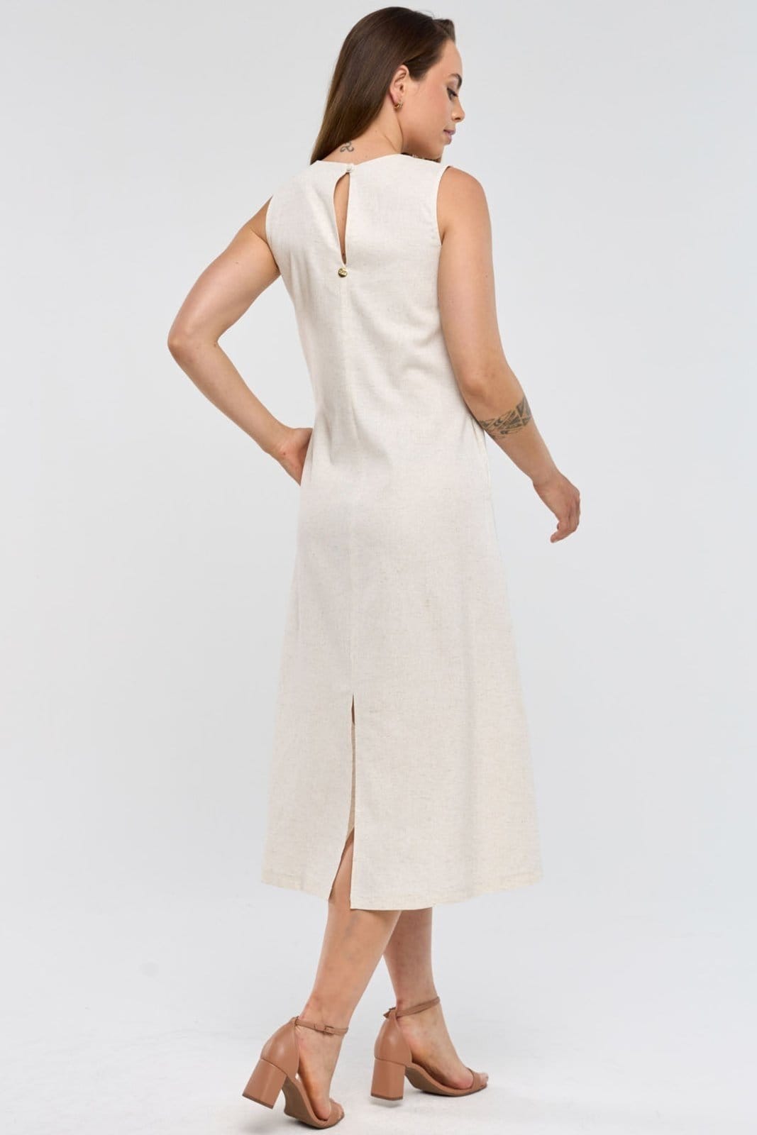 Vista principal Vestido Midi PKS Com Bolsos Linho Natural PKS bege natural