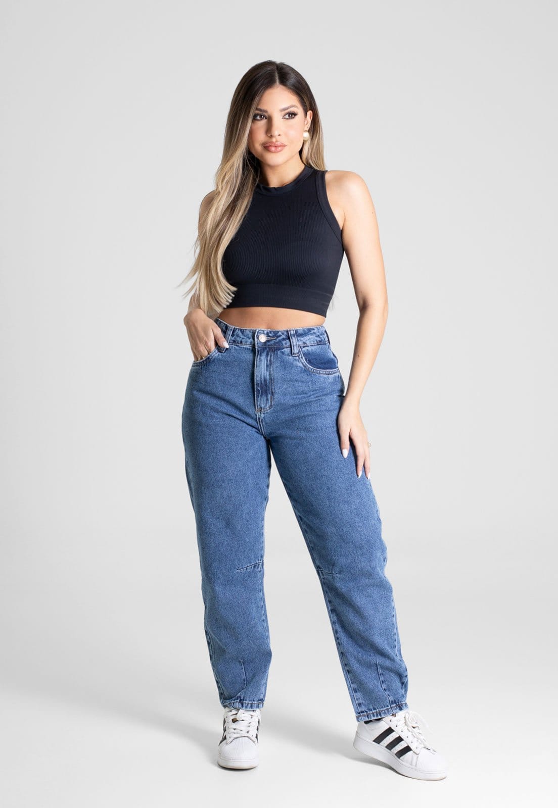 Vista 2 Calça Feminina Sawary Mom Cintura Alta Sawary azul