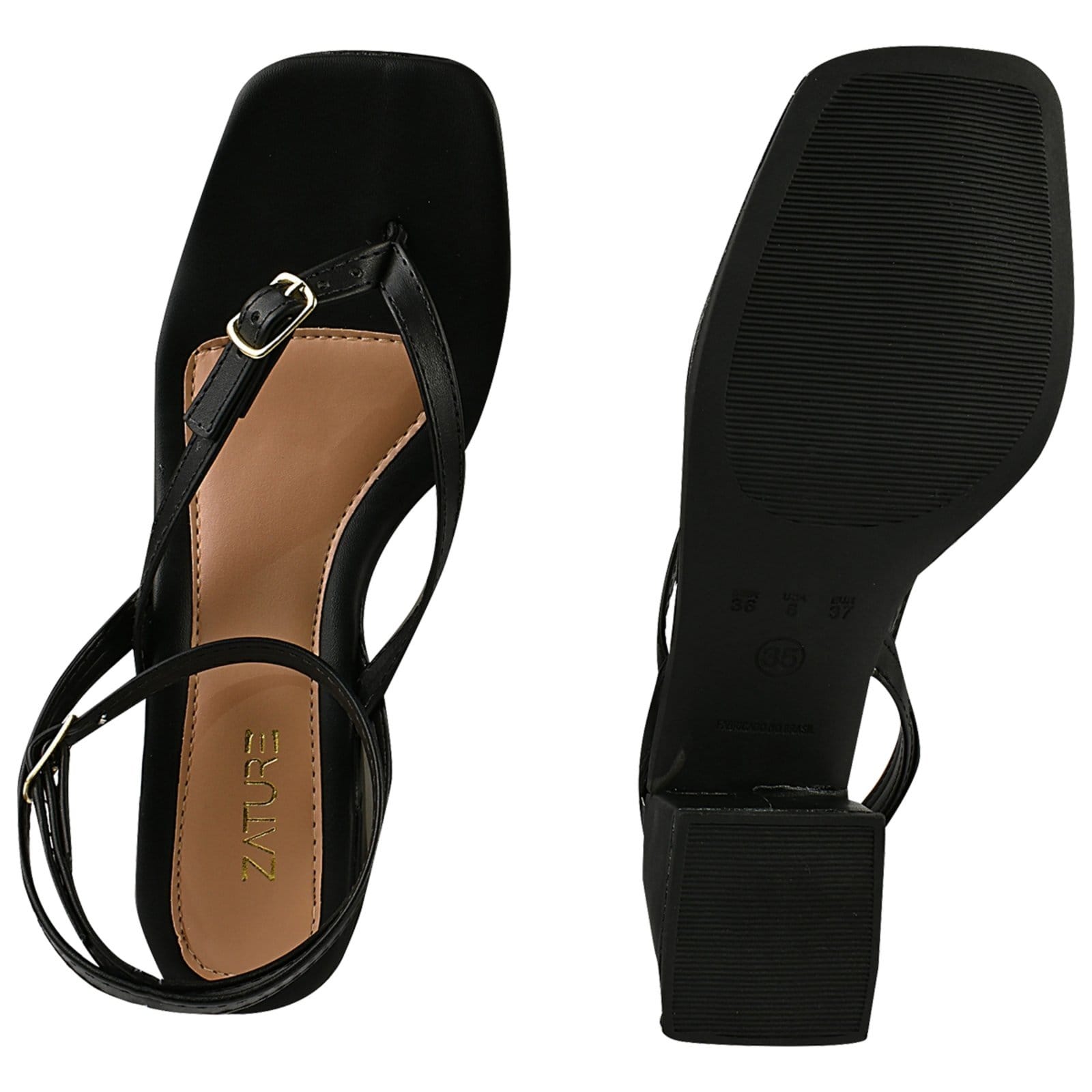 Vista 2 Sandália Feminino Tamanco de Dedo Saltinho Baixo Confortável Bico Quadrado Ouro ZATURE STORES ouro velho