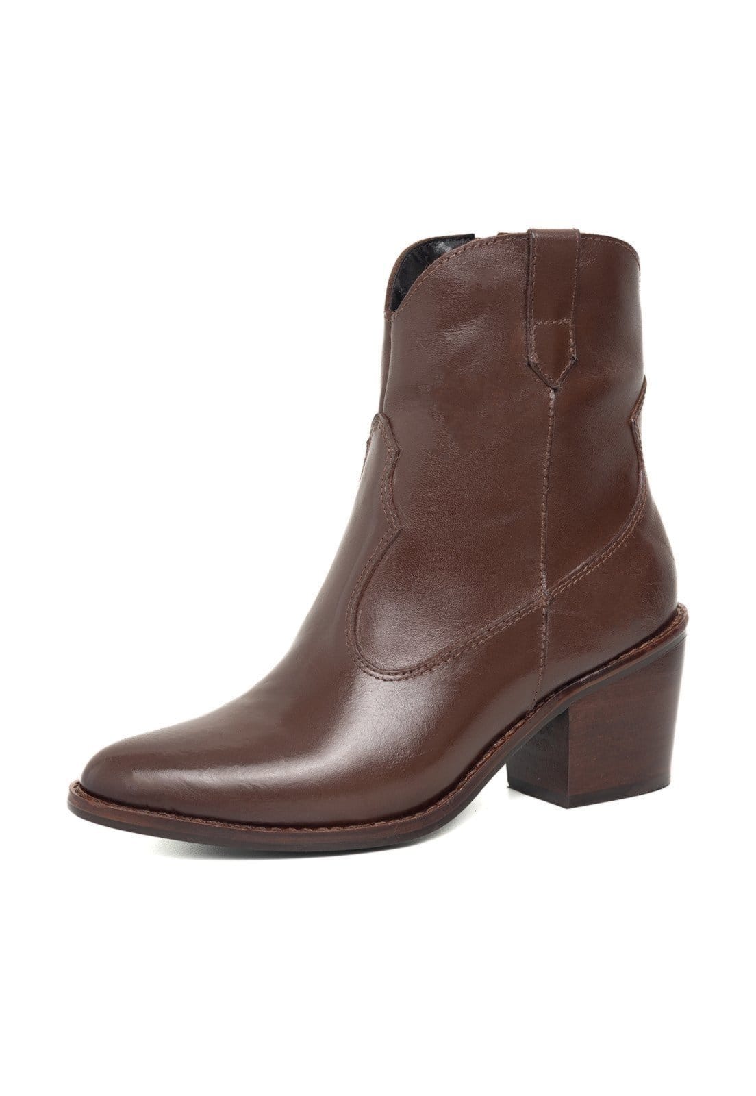 Vista principal Bota Western Texana Bico Fino Cano Curto Country Couro Chocolate TELLINI STORE marrom
