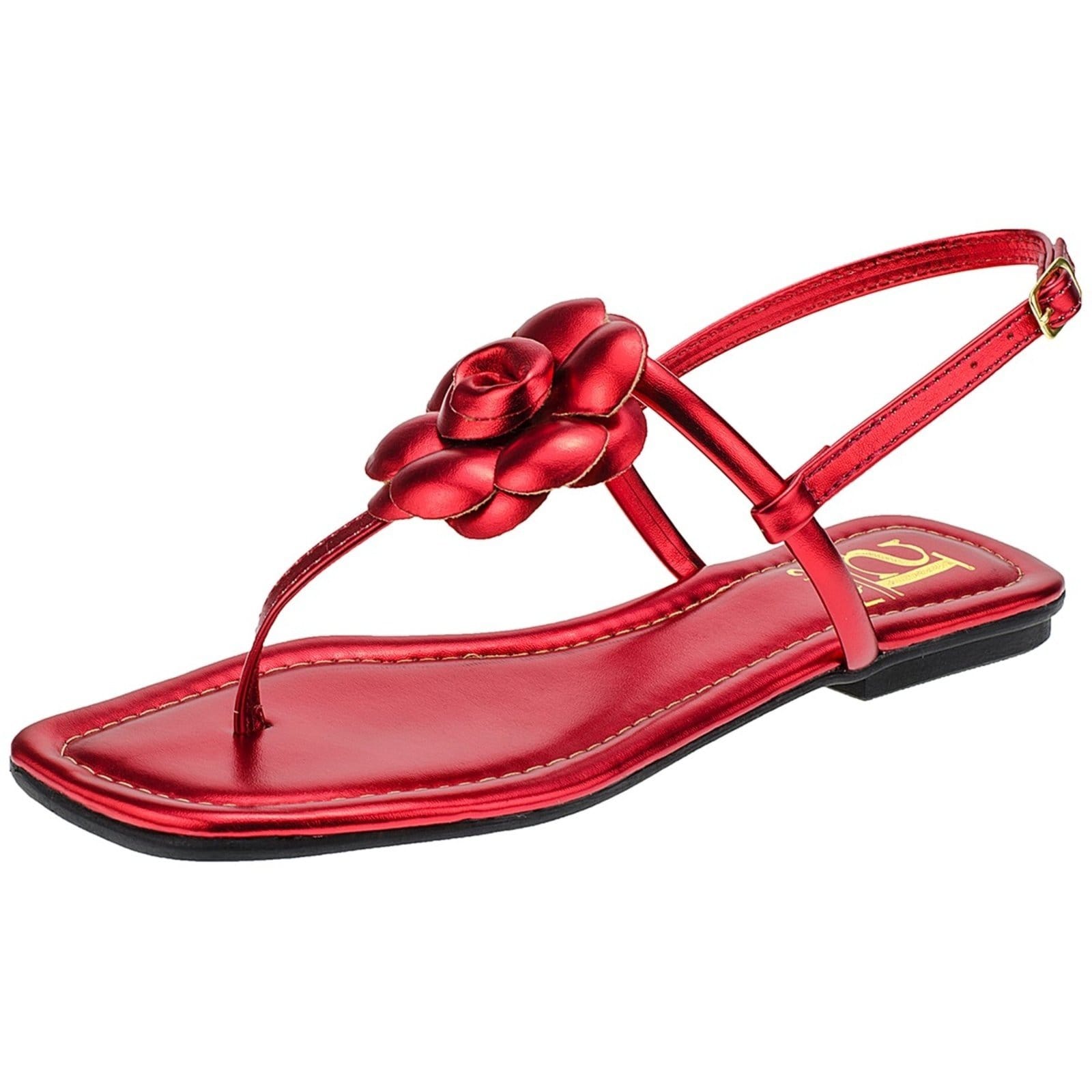 Sandália de Flor Metalizada Mega Confortável com Traseiro Ajustável Saltinho Baixo Rasteira