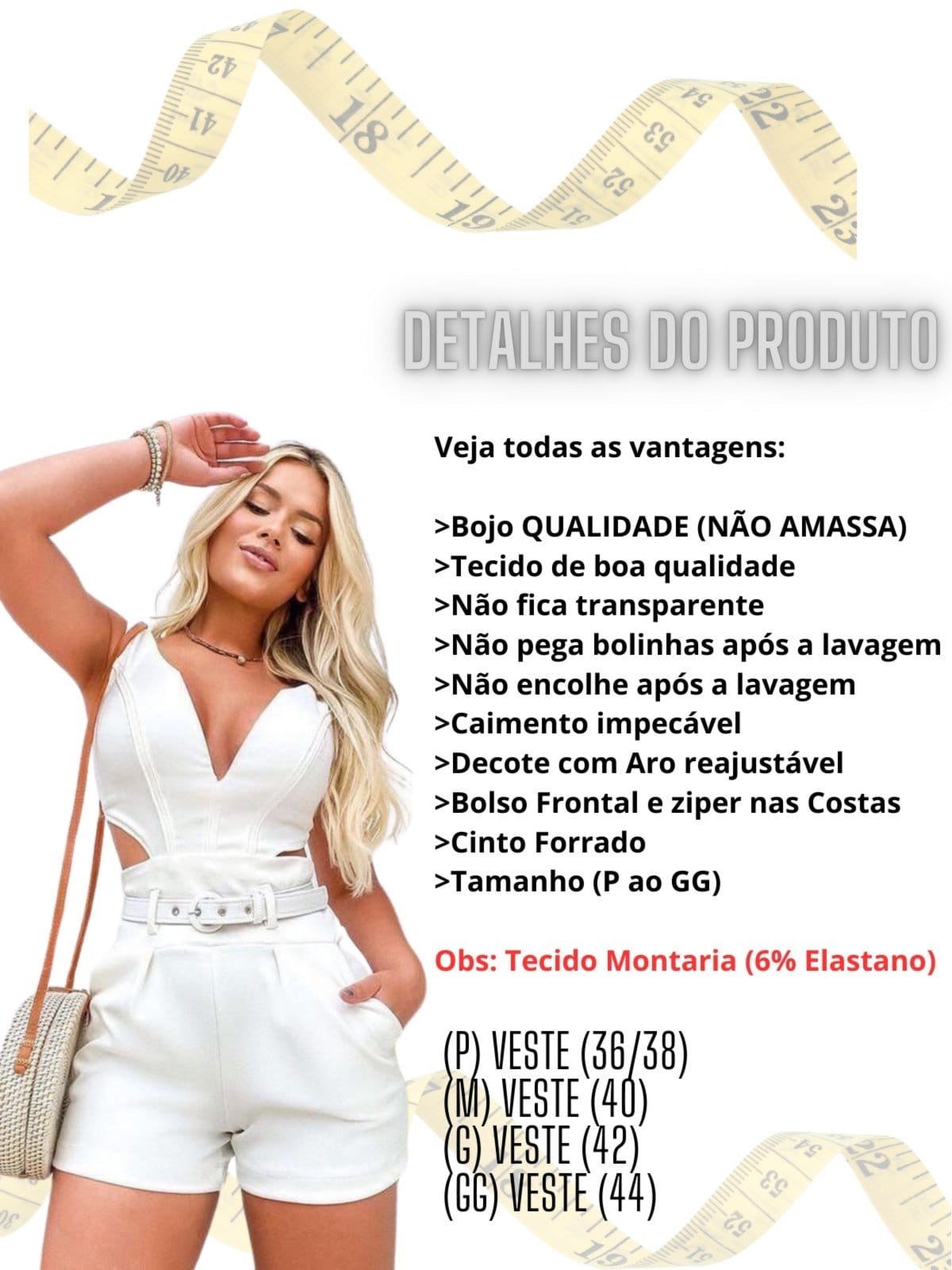 Vista 2 Macaquinho Feminino Tropical Fashion Com Bojo e Cinto TROPICAL FASHION branco