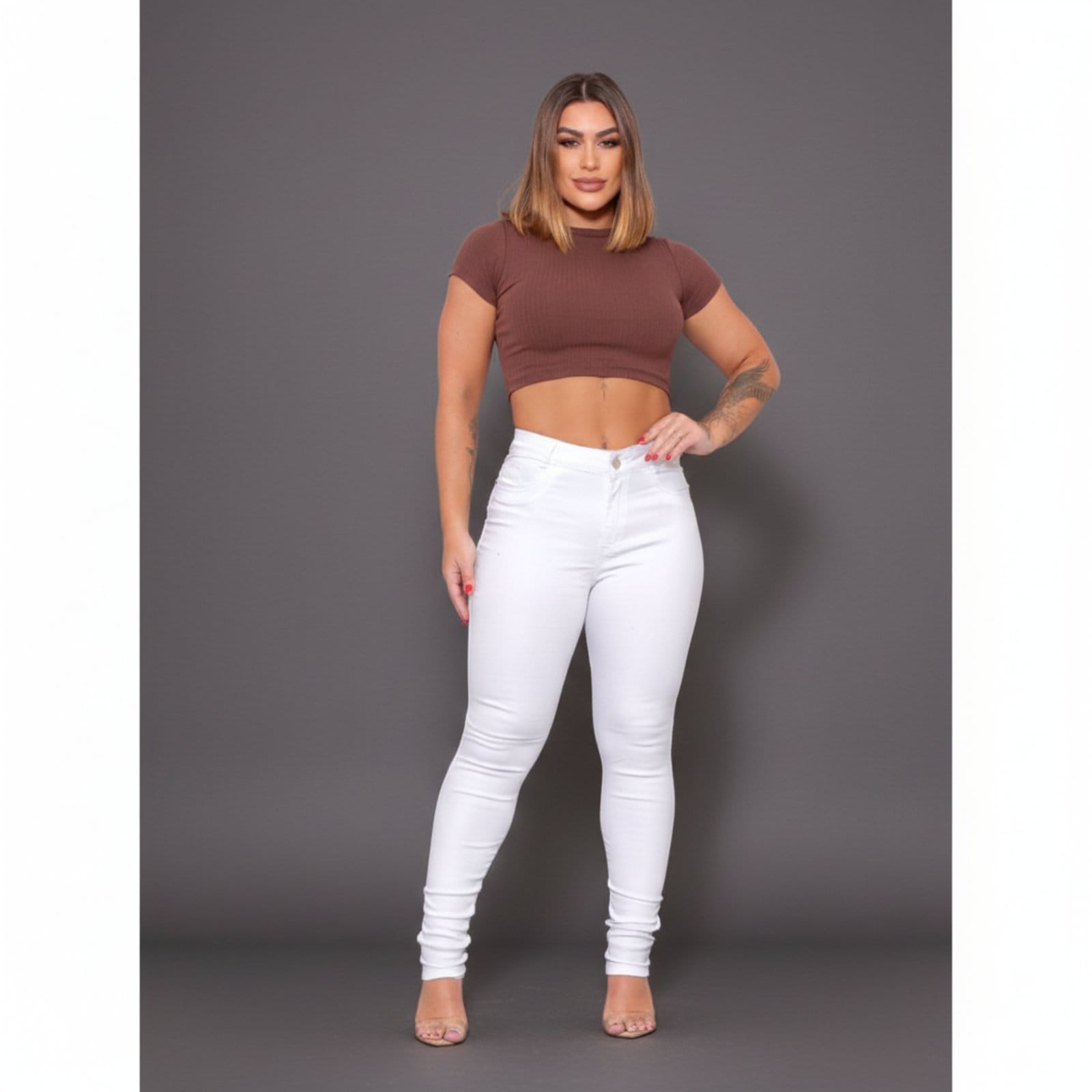 Vista 2 Calça Moda Feminina Skinny Sarja Branca Jeans Loka branco