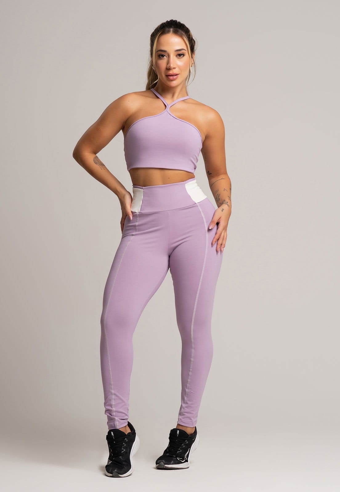 Vista principal Calça Legging MVB Modas Cós Off White Cintura Alta Feminina Poliamida Lavanda Mvb Modas lilás white