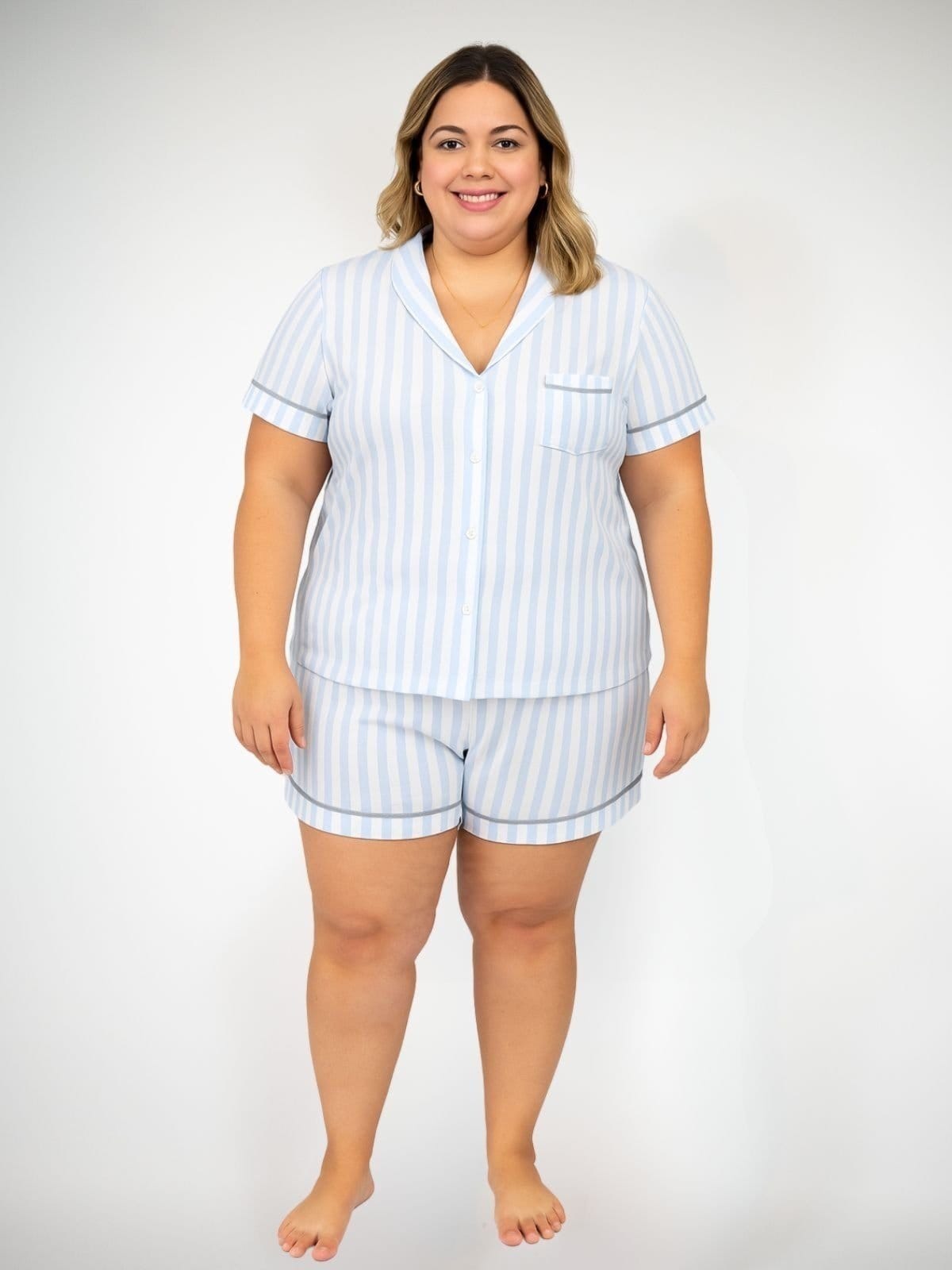 Vista principal Pijama Algodão Plus Size Americano Curto Júlia listrado Piante azul