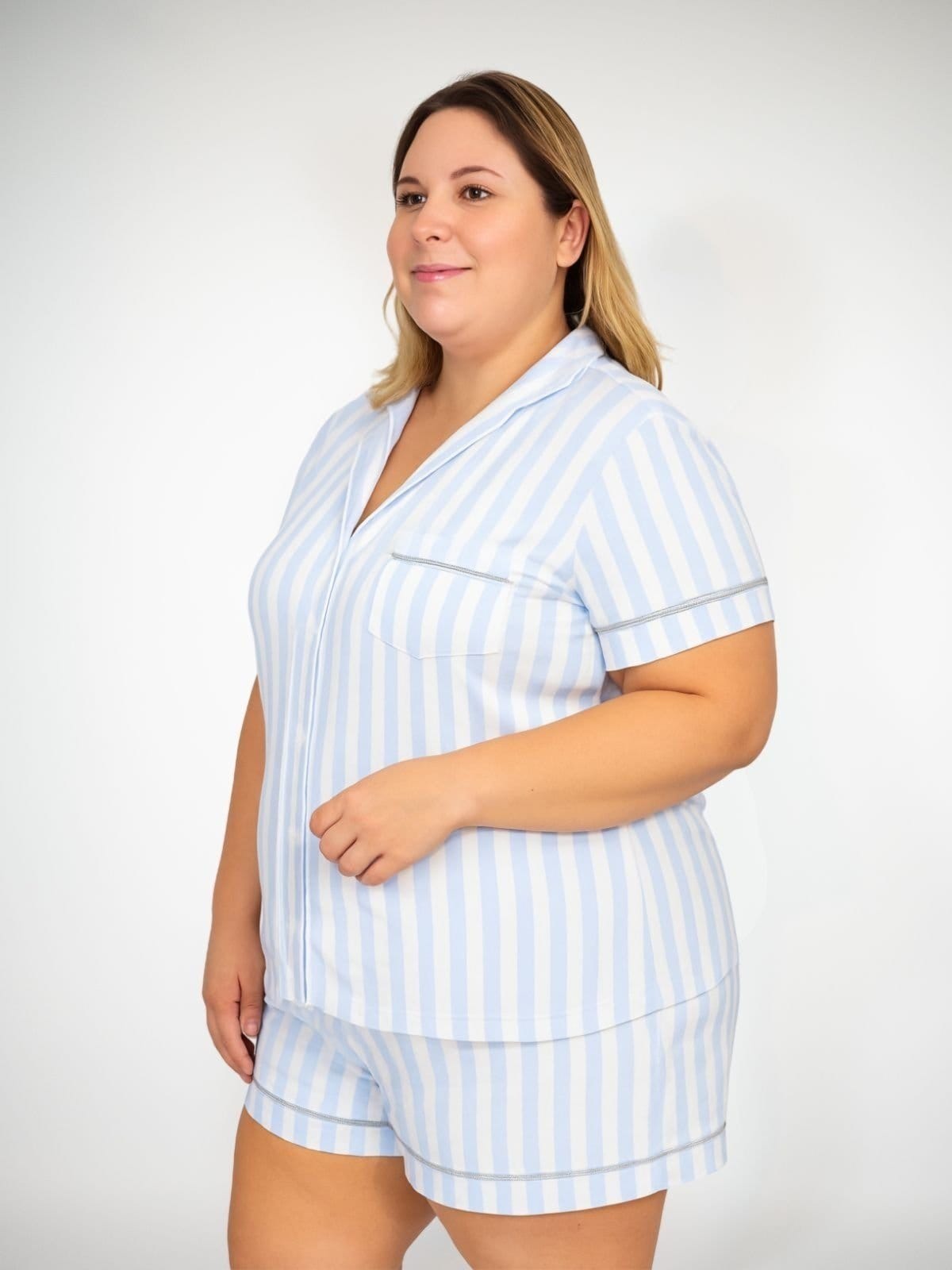 Vista 2 Pijama Algodão Plus Size Americano Curto Júlia listrado Piante azul