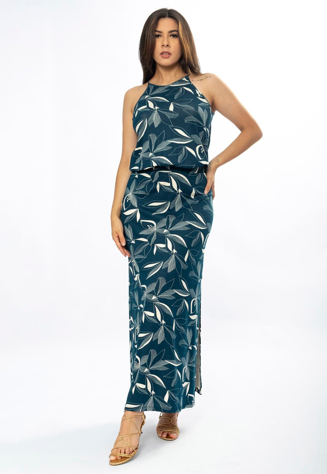 Vista 2 Vestido Longo Cabanafree Malha Trapézio com Elástico na Cintura Hibisco Blue Cabanafree off-white blue