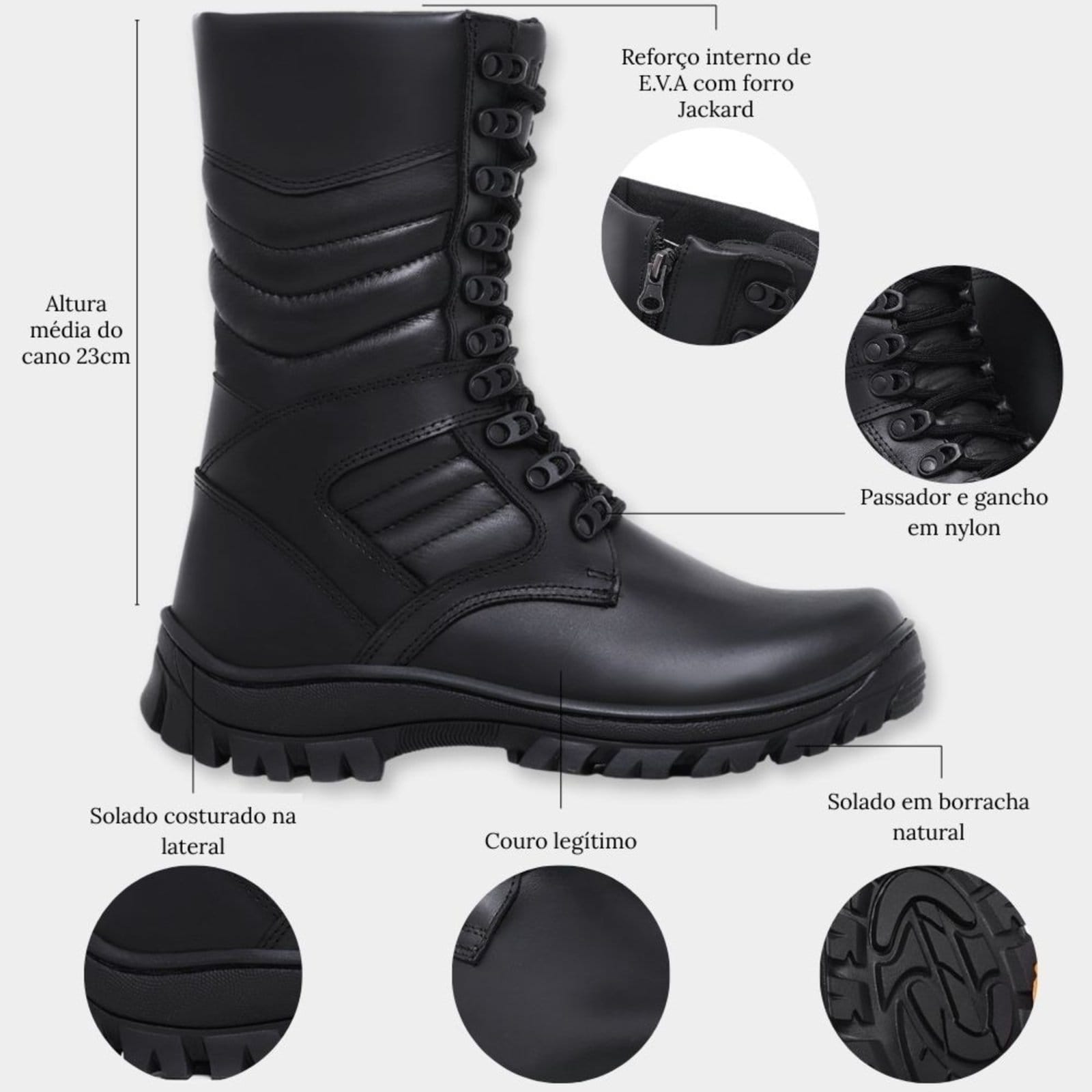 Vista 2 Coturno Masculino Militar De Couro Cano Alto Tratorado De Amarrar Sch 1000 Schiareli preto