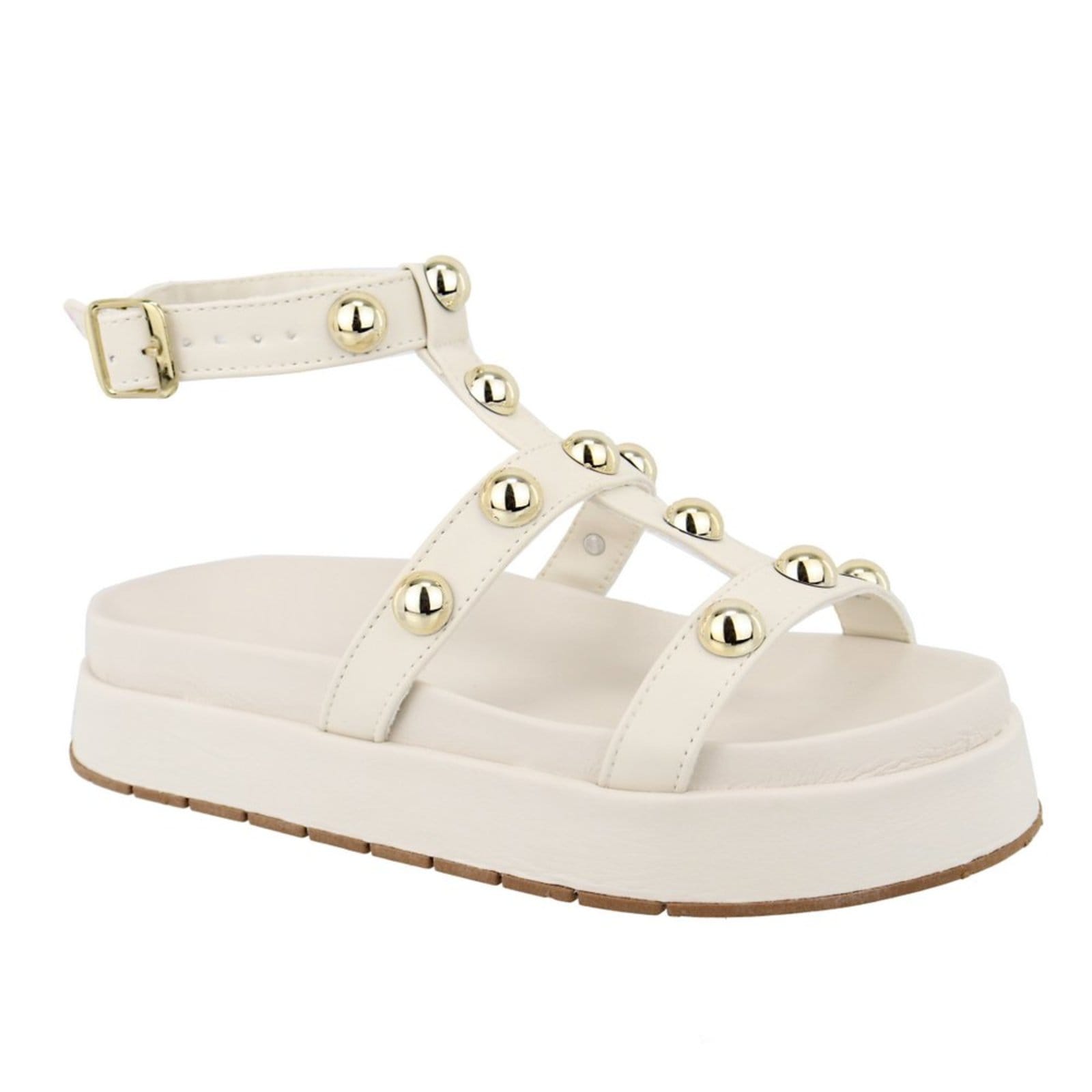 Vista principal Sandalia Papete Rasteira Feminina Off White Bolinhas Sola Alta TELLINI STORE off-white white