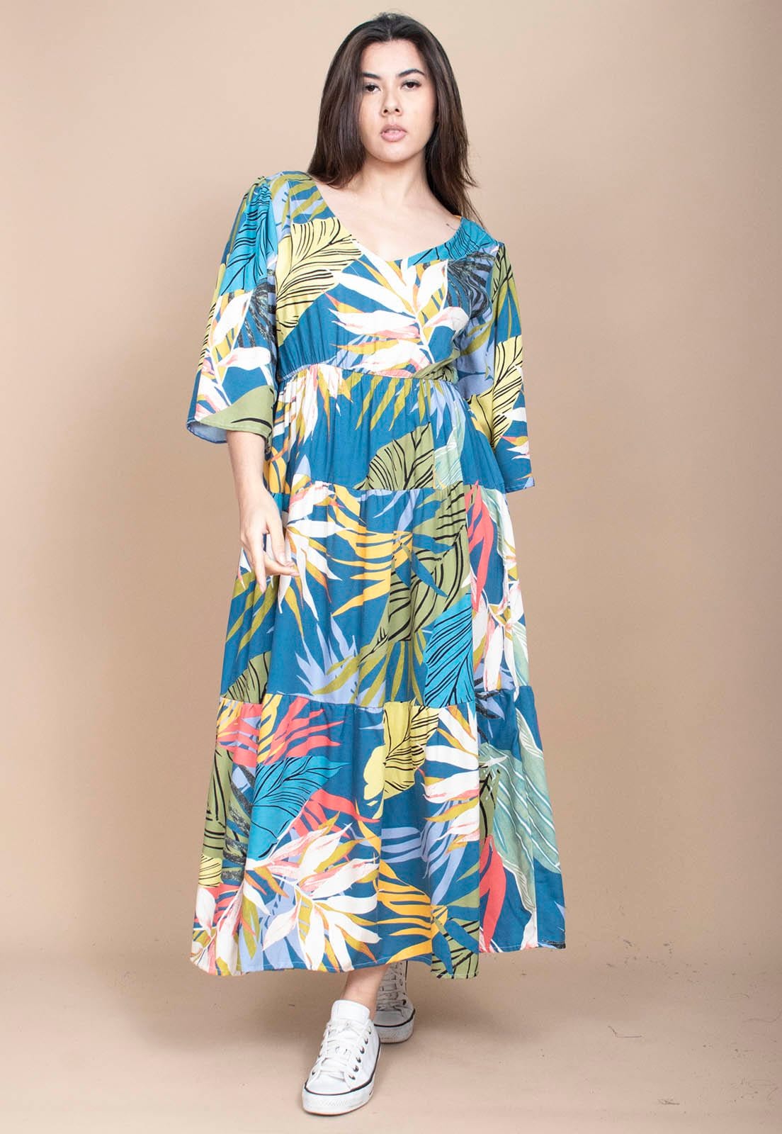 Vestido Longo Cabanafree Plano com Manga e Camadas Estampa Brisa Botânica