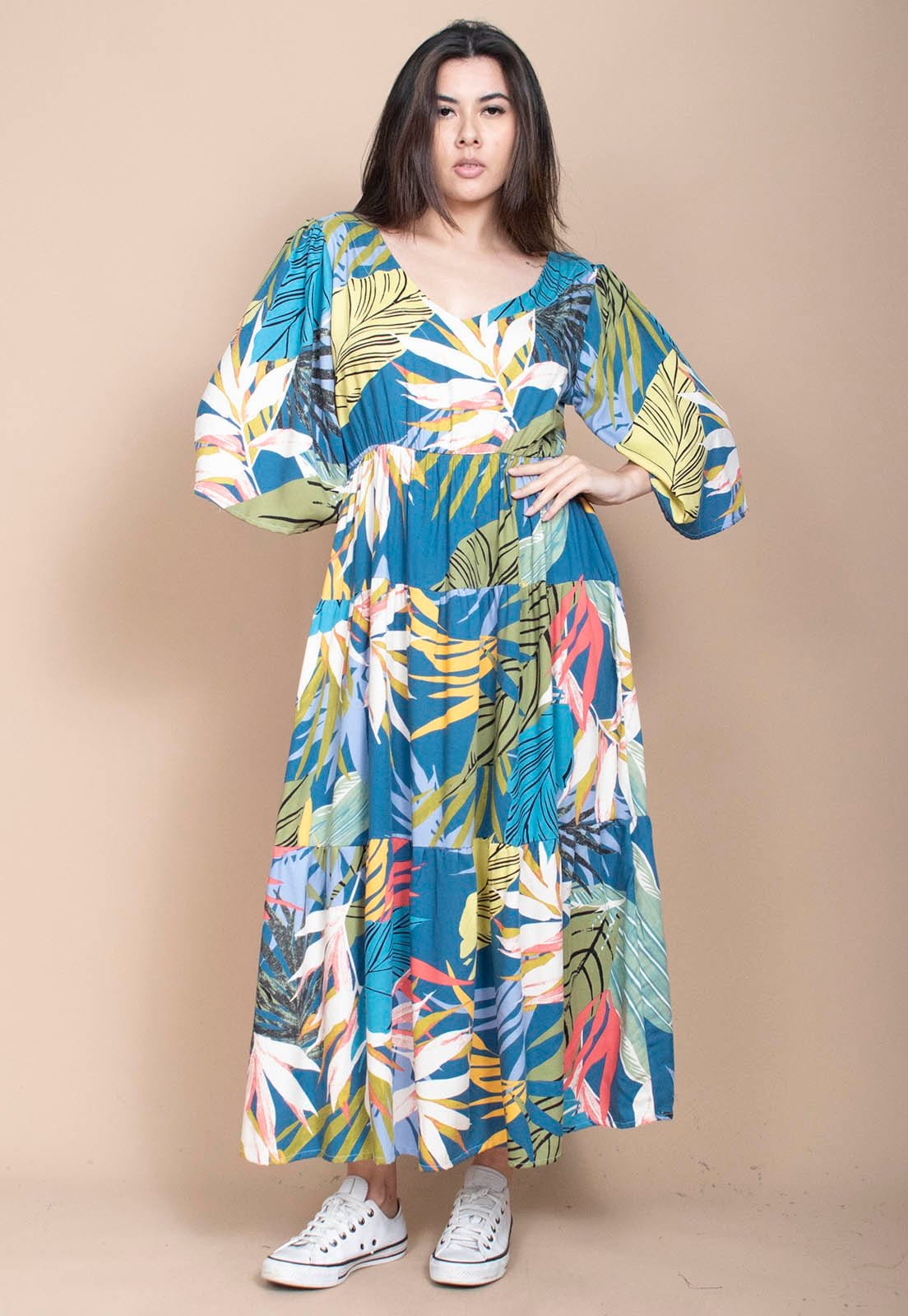 Vista 2 Vestido Longo Cabanafree Plano com Manga e Camadas Estampa Brisa Botânica Cabanafree amarelo/azul/estampado/verde