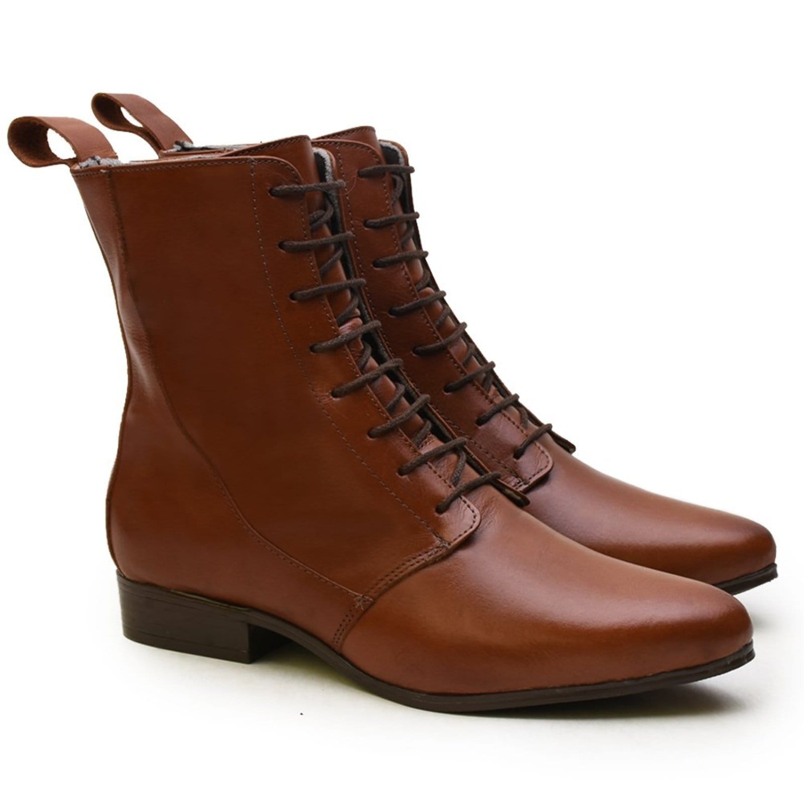 Vista 2 Bota Feminina Em Couro Cano médio Rangali Com Amarração Caramelo Madus preto