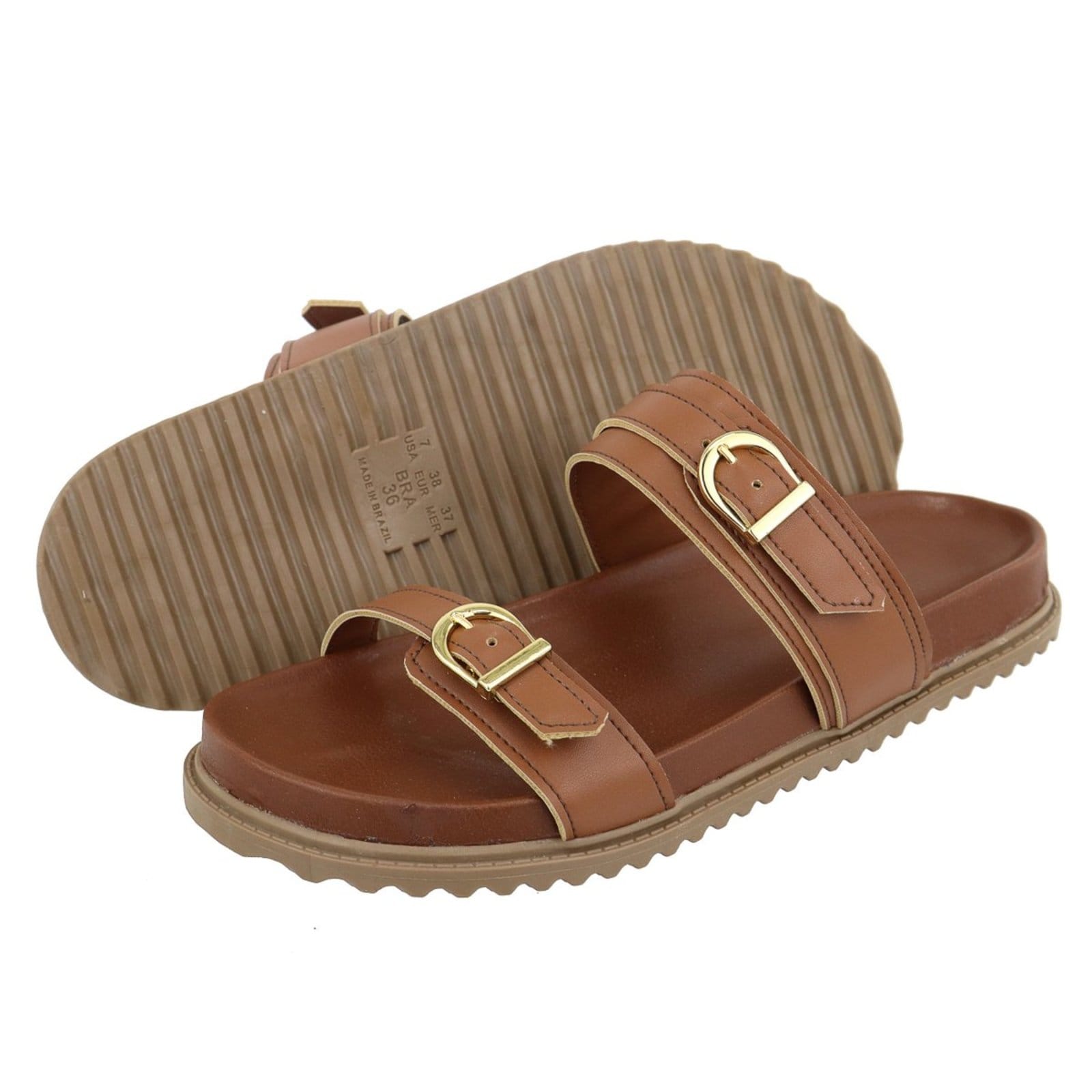 Vista 2 Sandalia Papete Rasteira Flat Feminina Fivelas TELLINI STORE caramelo