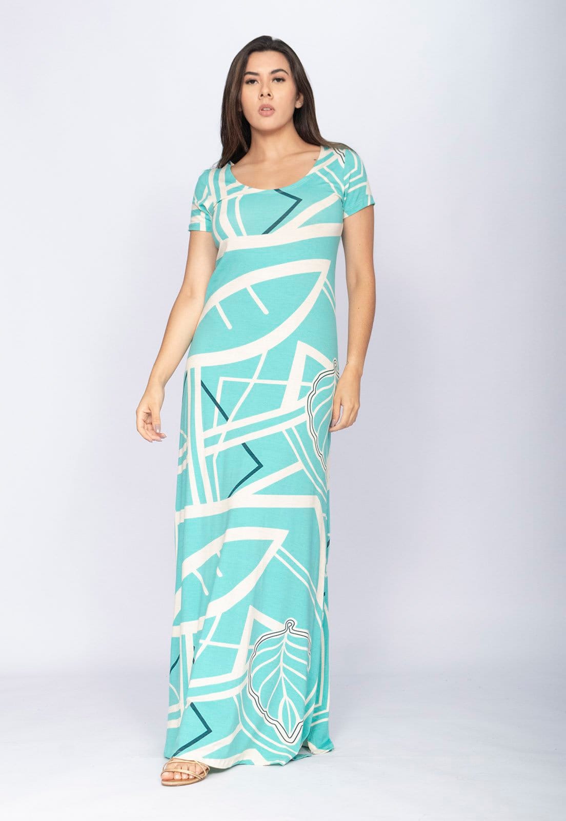 Vista principal Vestido CabanaFree Longo Malha Gola Canoa Manga Curta Estampa Aqua Flora Cabanafree azul/estampado aqua