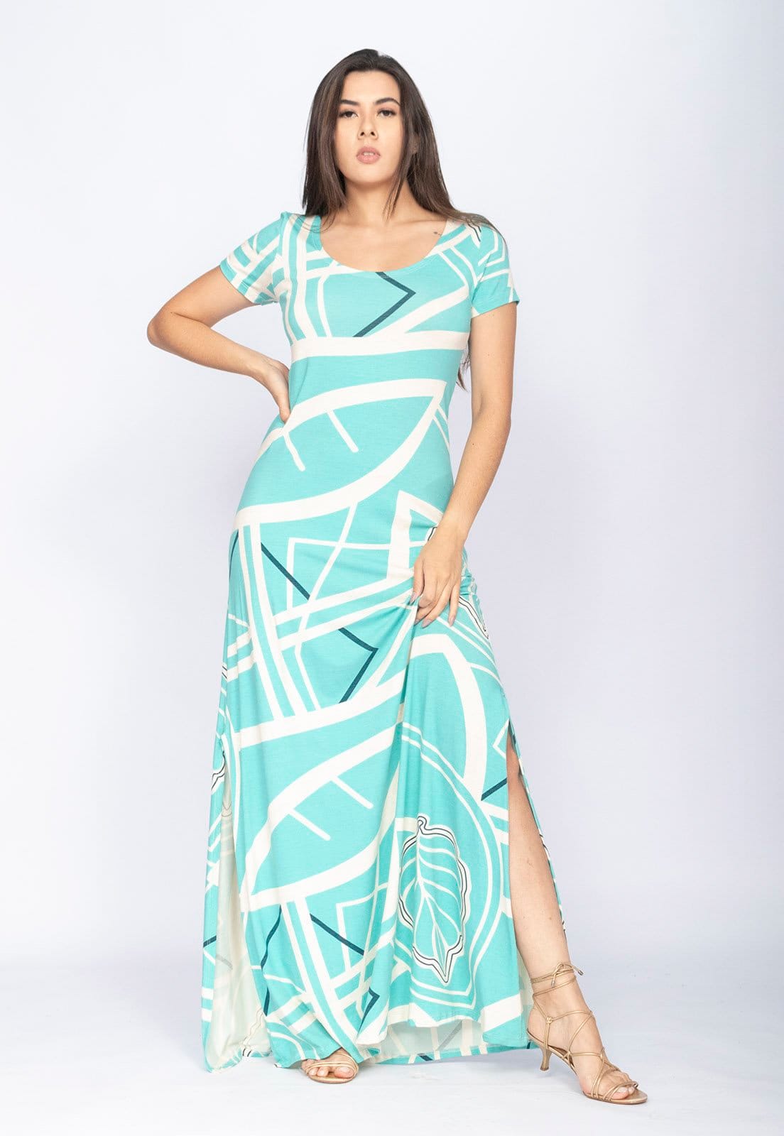 Vista 2 Vestido CabanaFree Longo Malha Gola Canoa Manga Curta Estampa Aqua Flora Cabanafree azul/estampado aqua