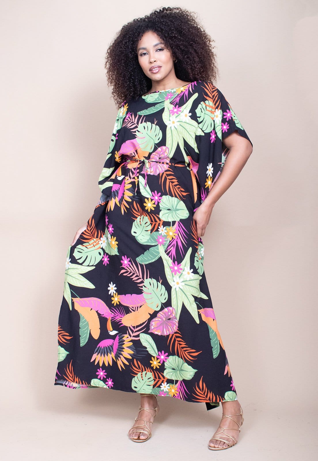 Vista 2 Vestido Longo Cabanafree Viscose Estampa Noite Botânica Cabanafree azul/estampado/laranja/verde