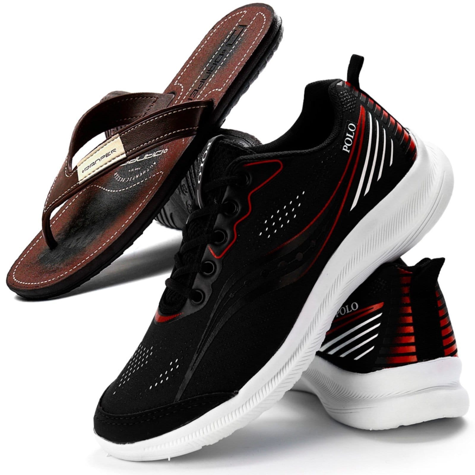 Vista principal Tênis Sapatofran Polo Running Leve Academia com Chinelo Sapatofran branco/preto/vermelho