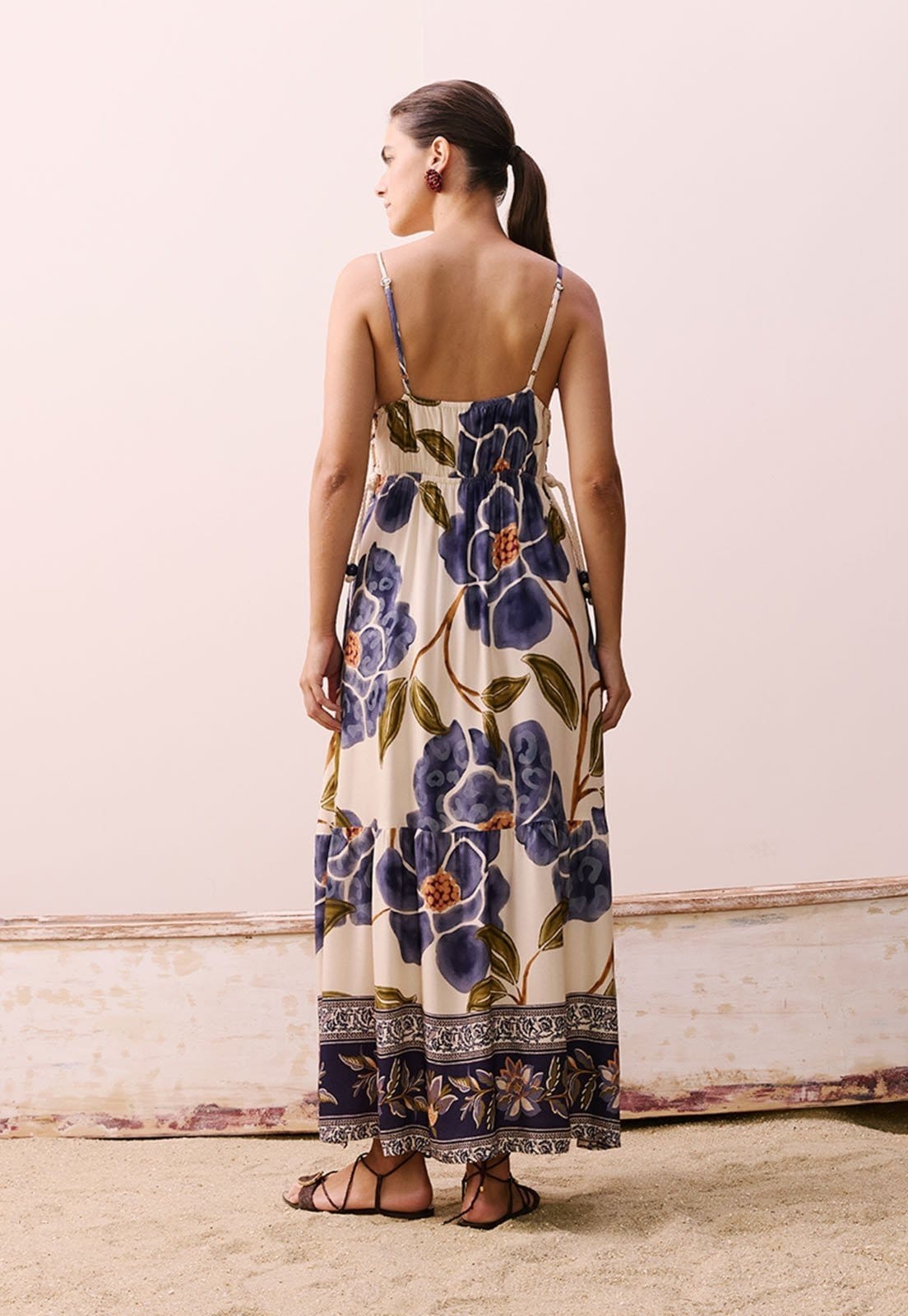 Vista 2 Vestido Midi Busto Amarrações Estampado Papoula CaCay azul