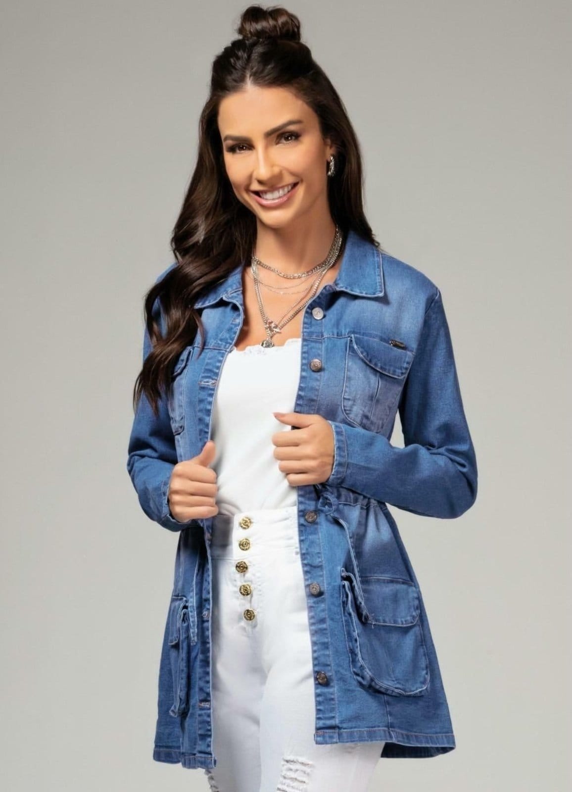 Vista principal Parka Bolsos E Cordel Jeans Médio Colorido Quintess azul