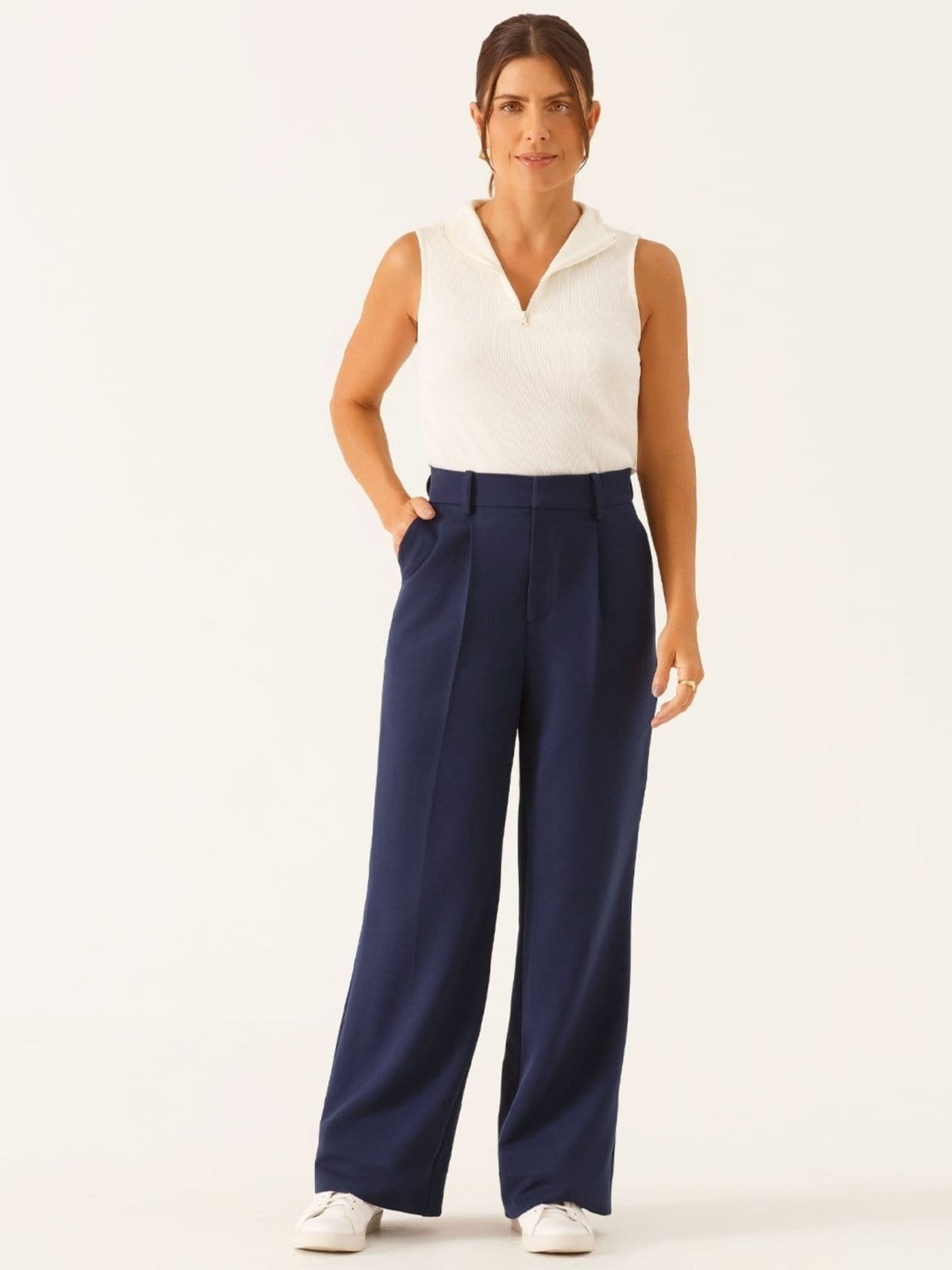 Vista principal Calça Wide Leg de Alfaiataria em Viscose Marinho Natiele Principessa azul marinho