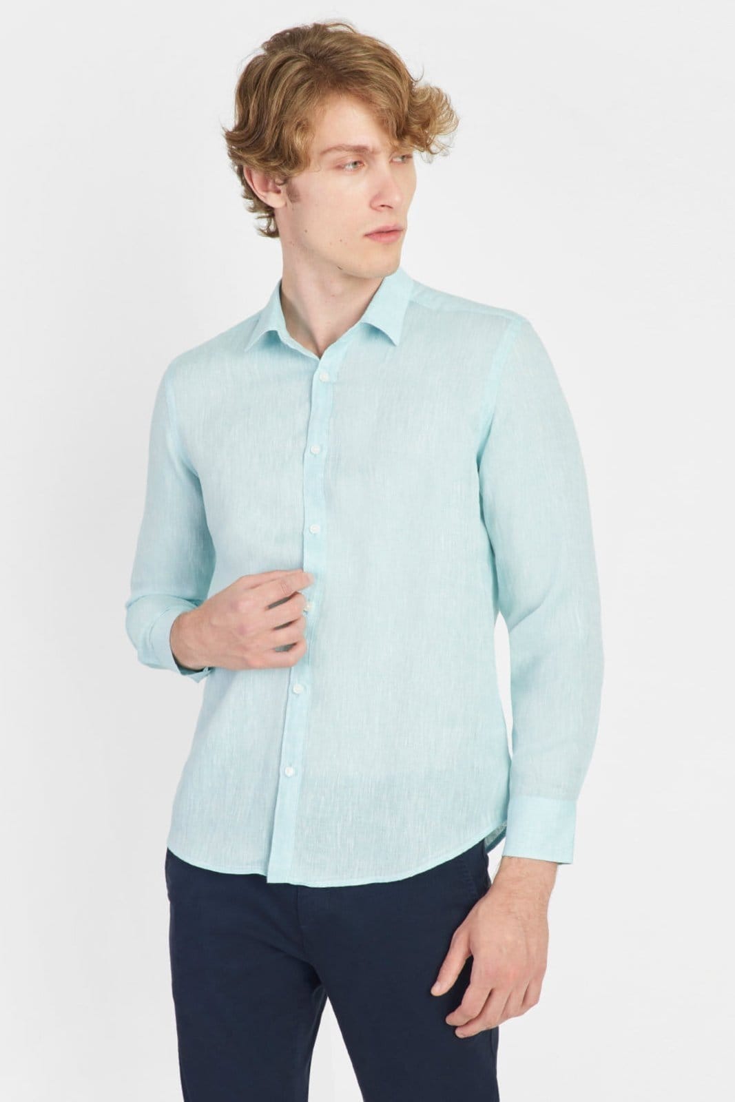 Camisa Aramis Manga Longa Slim Linho Irlandês Azul Piscina