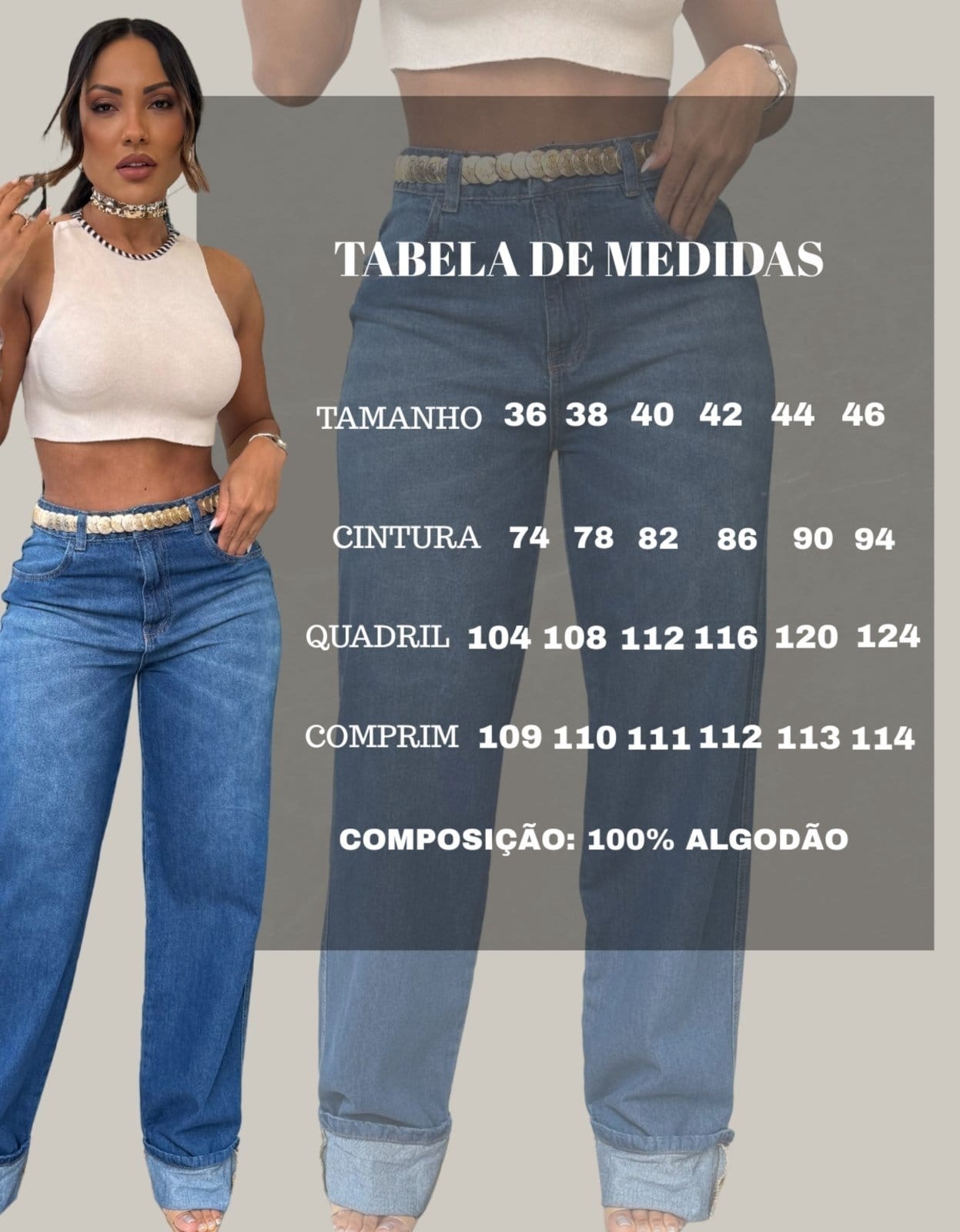 Vista 2 Calça Feminina Jeans Reta Barra Dobrada Cintura Alta com Bolsos Razon Jeans azul