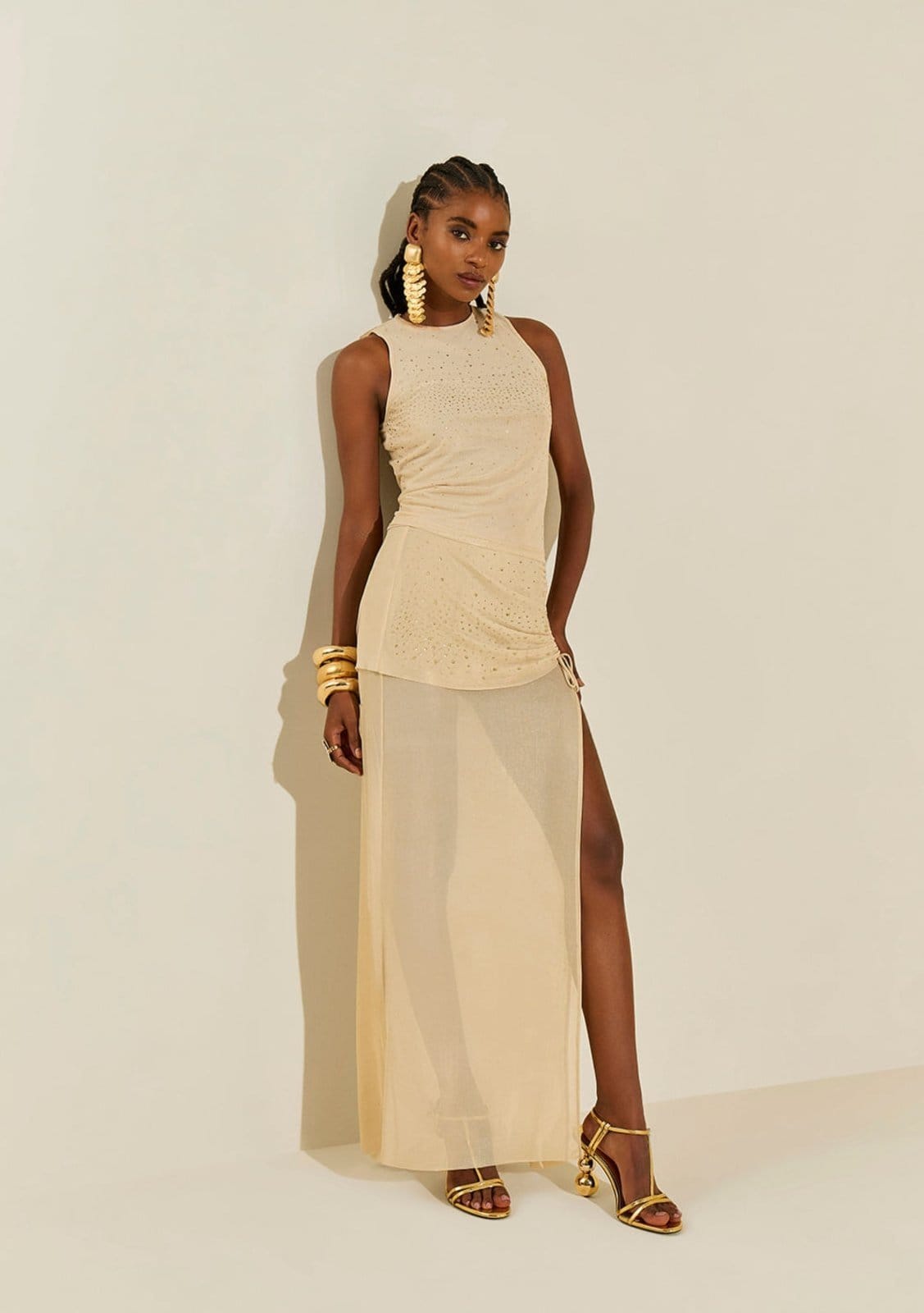 Vista principal Saia Morena Rosa Reta Baixa Longa Bege Morena Rosa bege rosa