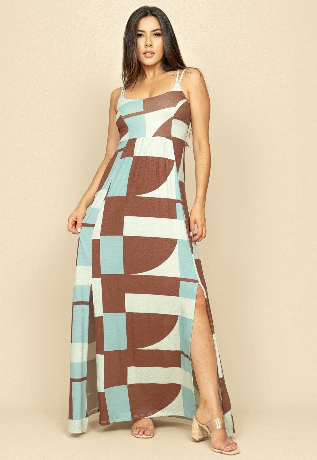 Vista principal Vestido Longo Jambo Malha Aberturas Estampa Santa Rosa do Tocantins Cabanafree azul/estampado rosa