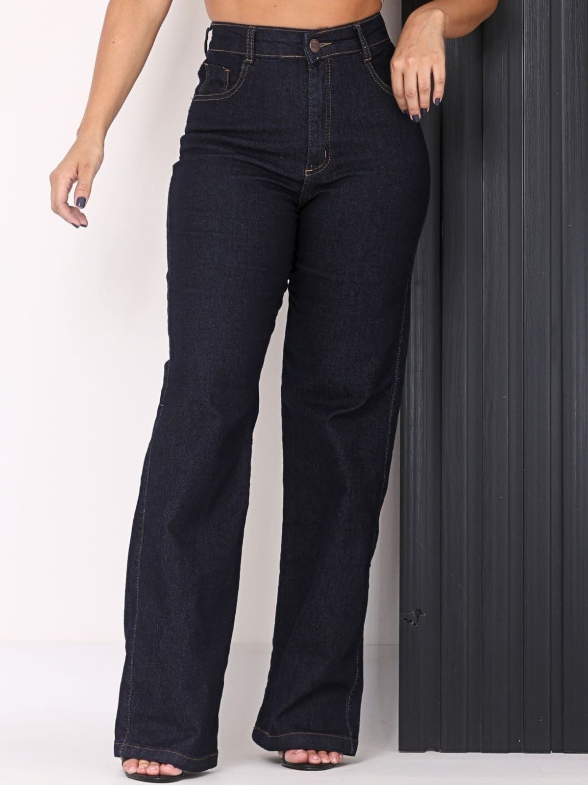 Vista principal Calça Donna De Paula Wide Leg Jeans Escura Com Elastano Cintura Alta Pantalona Donna de Paula azul