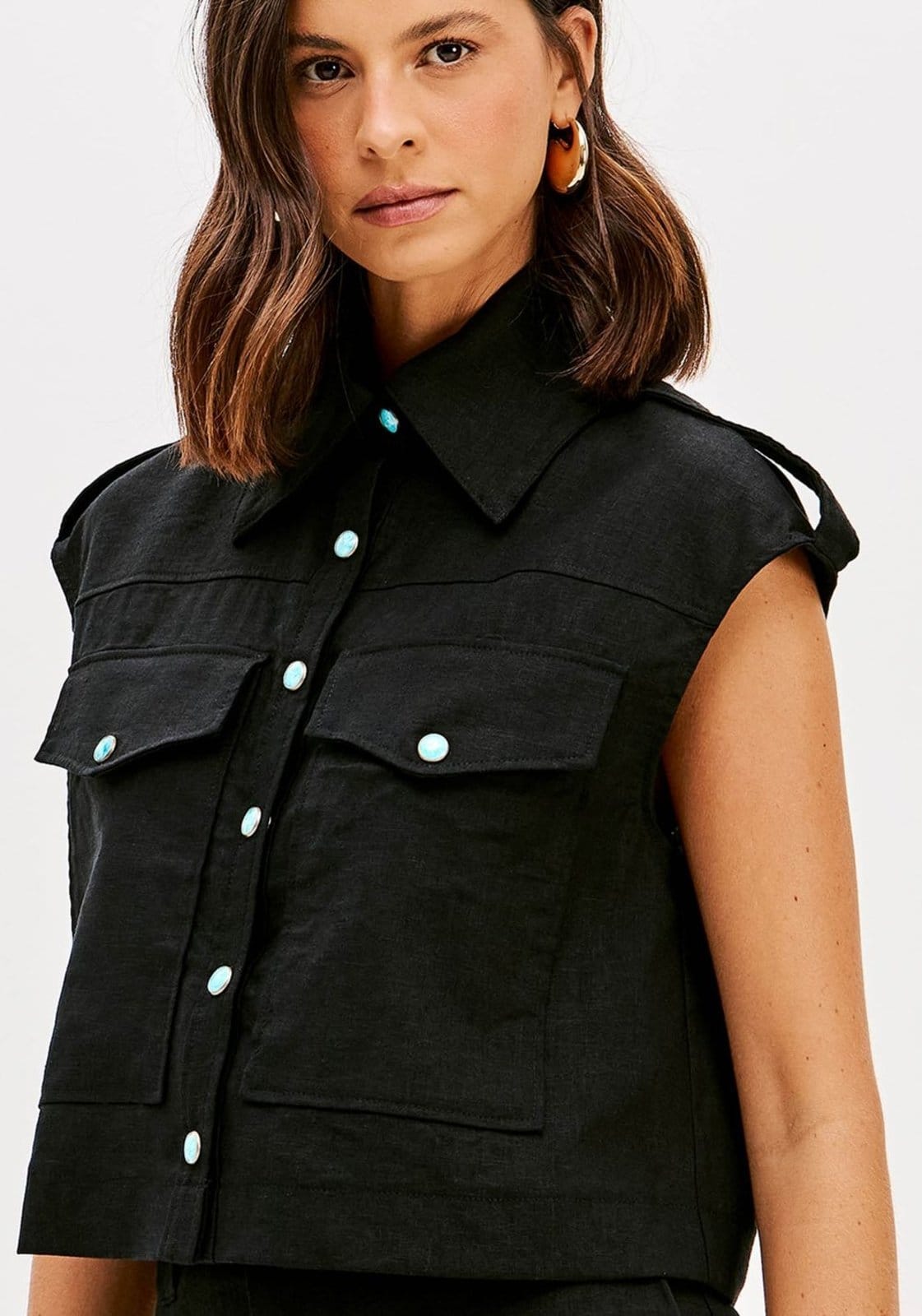 Vista 2 Camisa Sem Mangas Com Linho Lança Perfume preto