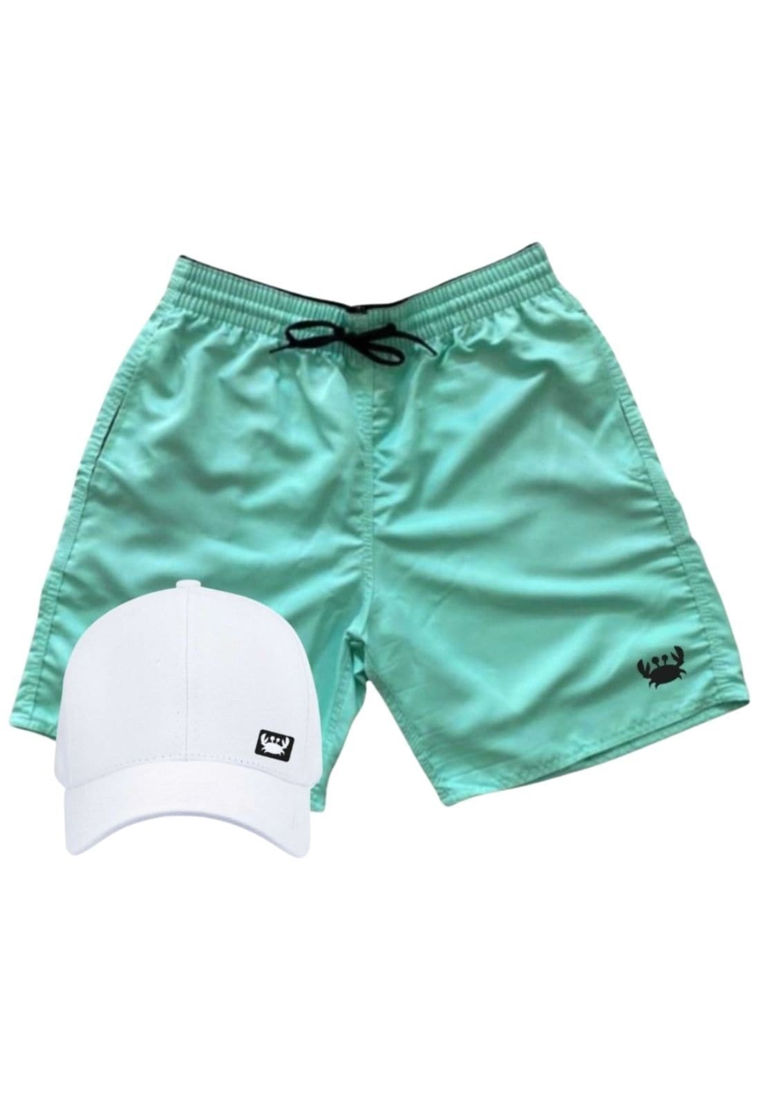 Vista principal Kit Short Moda Praia De Tactel Relaxado Liso Masculino + Boné Relaxado azul marinho