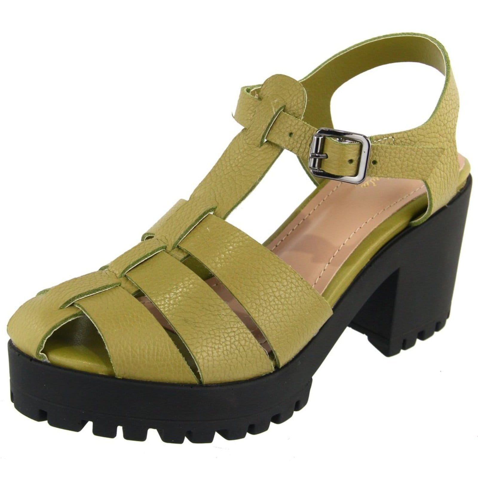 Sandália Feminina Tratorada em Couro Salto Bloco Tiras Maria Paula Kiwi