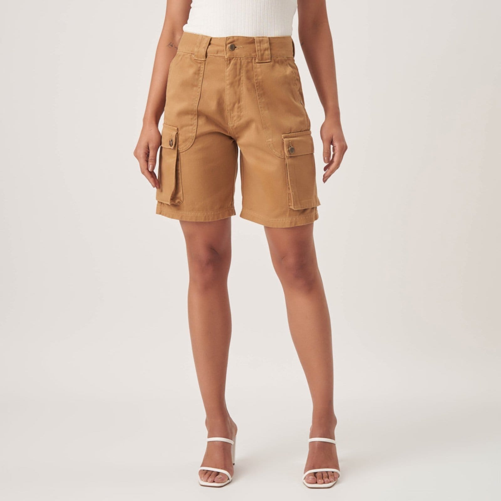 Bermuda Jeans Color Bolso Fole Cargo Caqui Chic