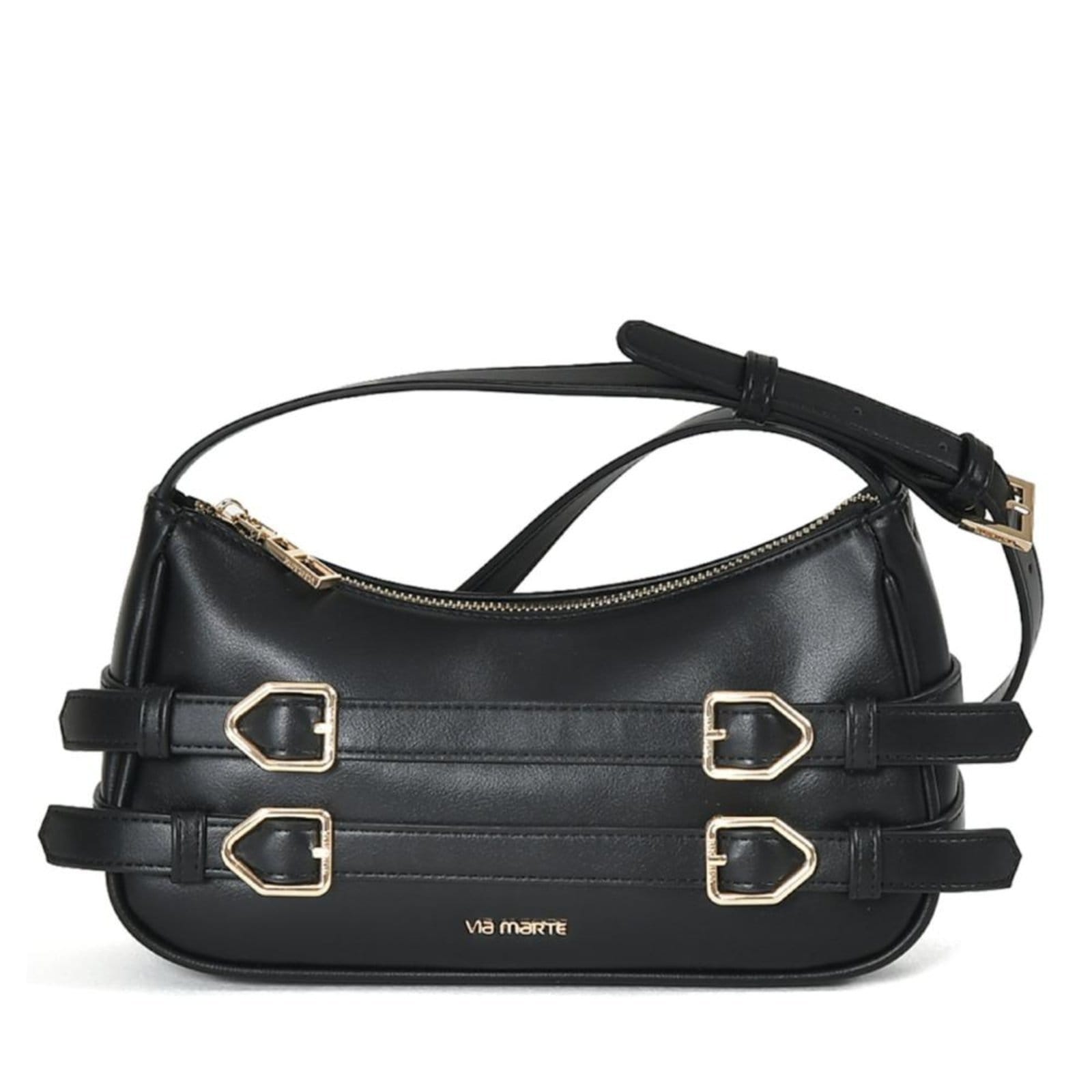 Bolsa Feminina Via Marte Crossbody com Fivelas B1-203 Preto/Preto