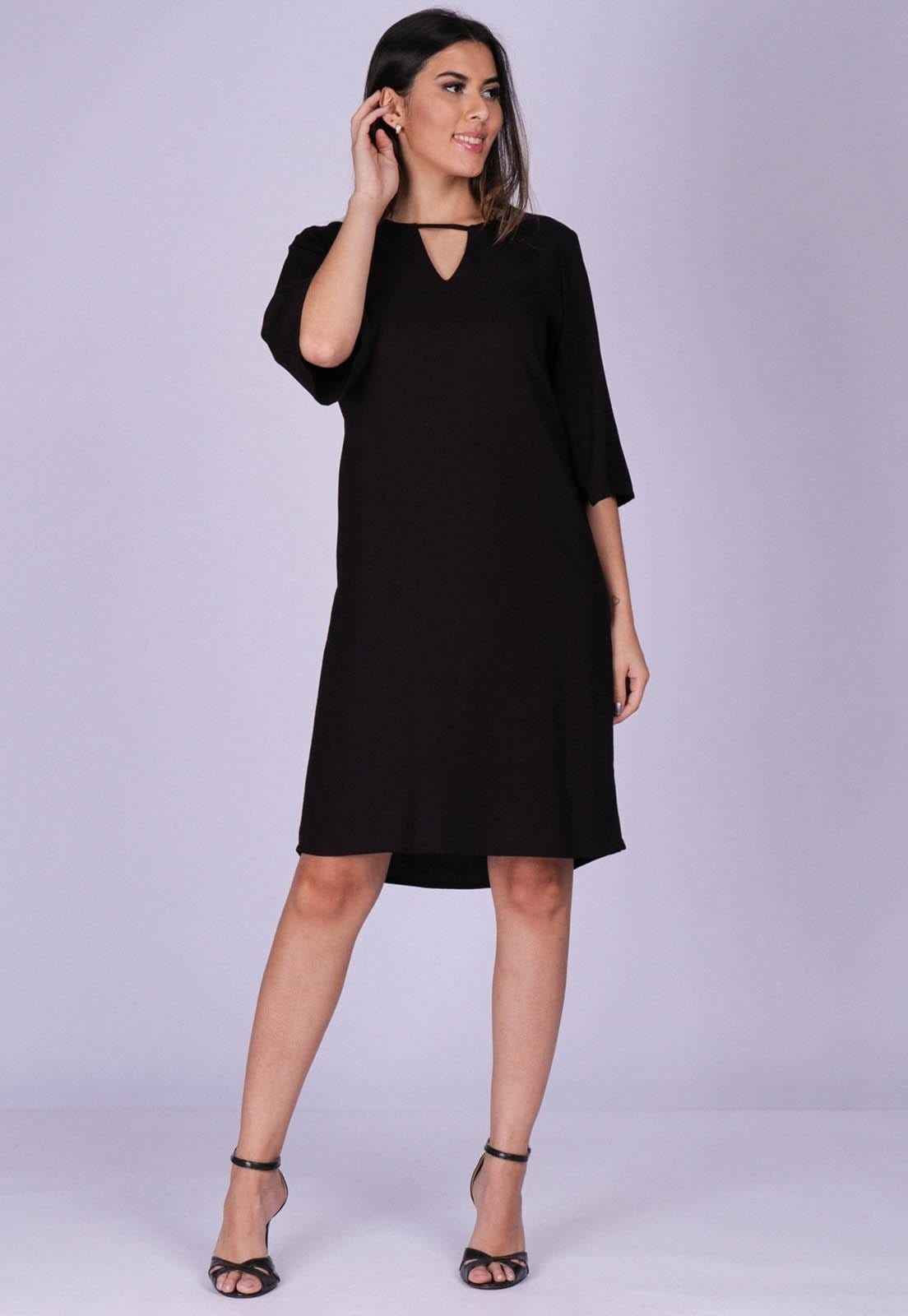 Vista 2 Vestido Chemise Curto Viscose Manga Evasê Amazonia Vital preto