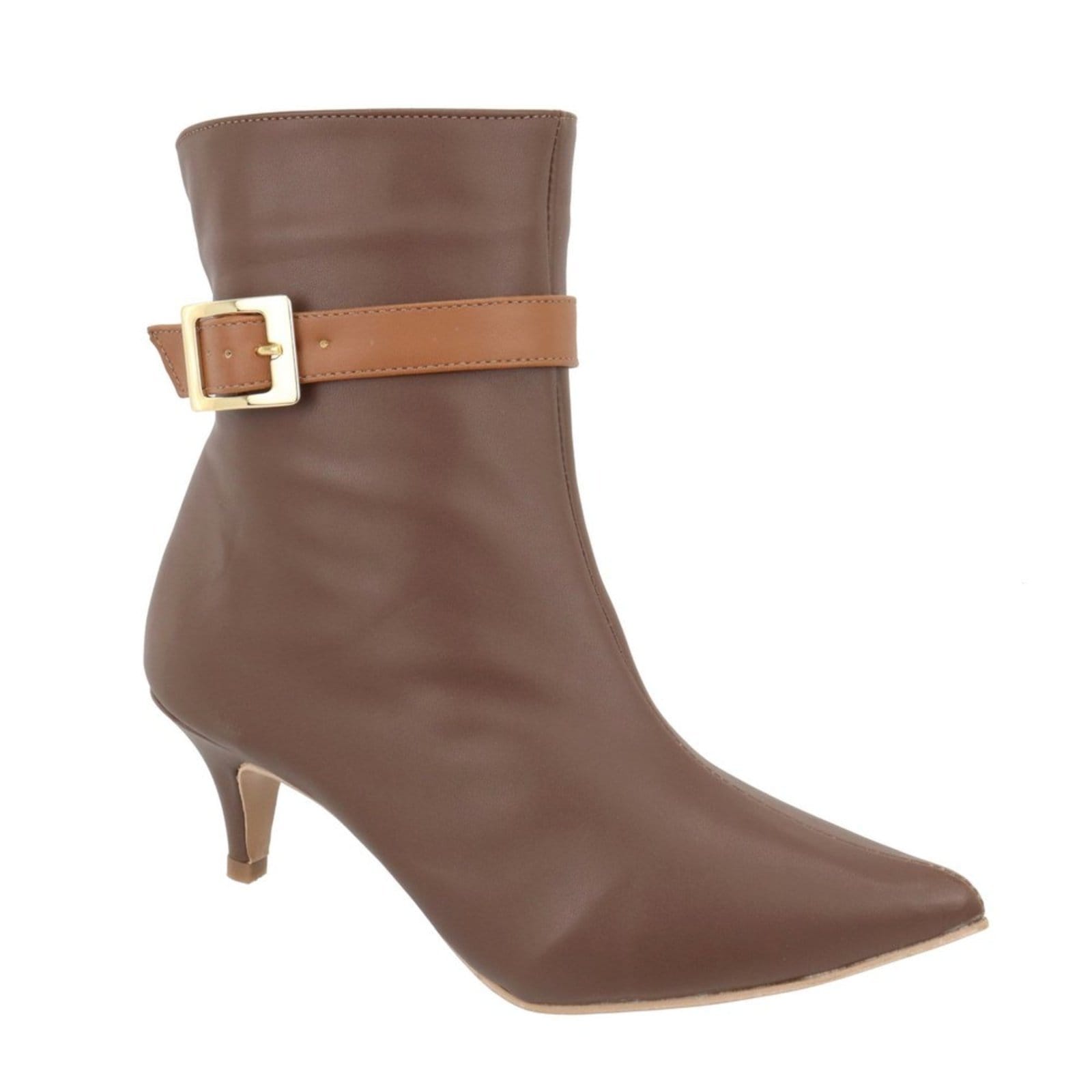 Vista 2 Bota Feminina Cano Curto Salto Baixo 180127 Detalhe em Fivela Napa Cacau com Tira Caramelo Flor da Pele café