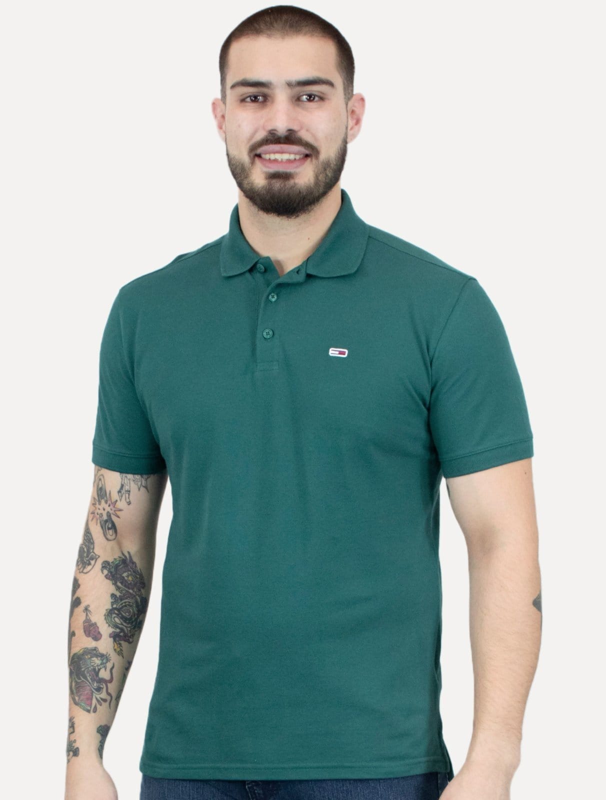 Vista principal Polo Tommy Jeans Masculina Piquet Regular Placket Escuro Tommy Jeans verde