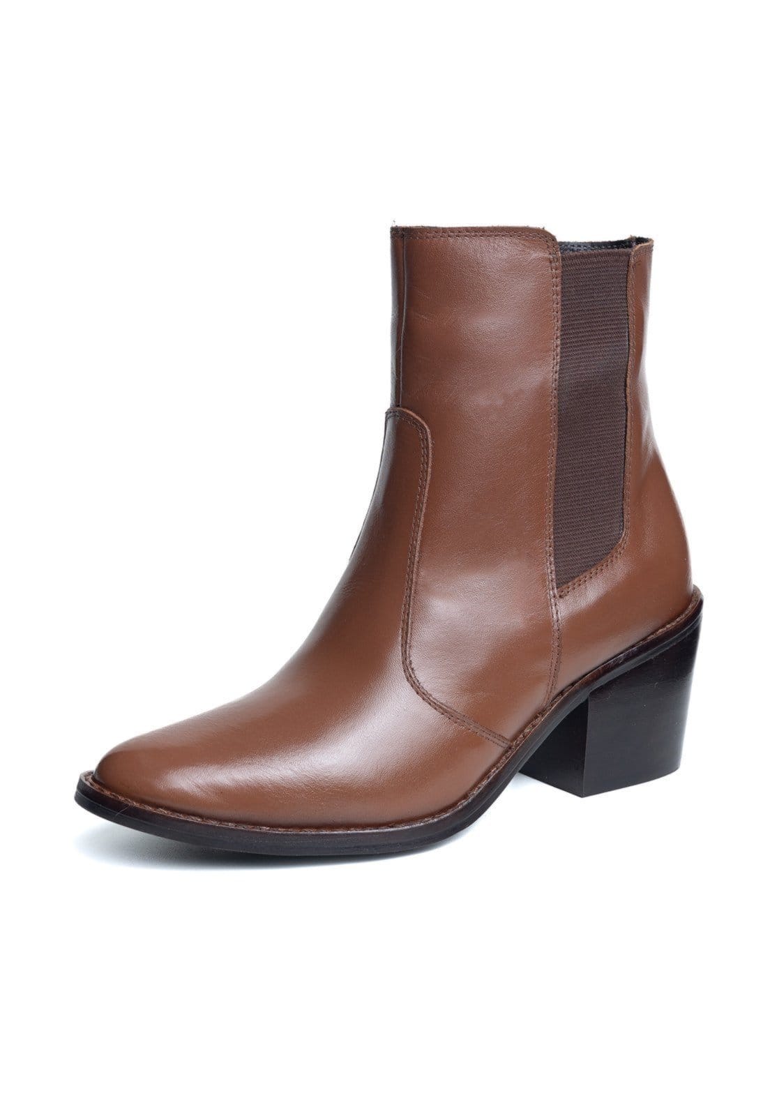 Vista principal Bota Bico Fino Cano Curto Couro Conhaque TELLINI STORE caramelo