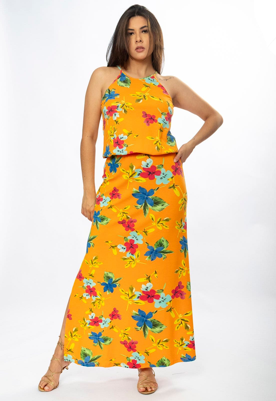 Vista principal Vestido Longo Cabanafree Malha Trapézio com Elástico na Cintura Laranja Floral Cabanafree azul/estampado/verde/vermelho