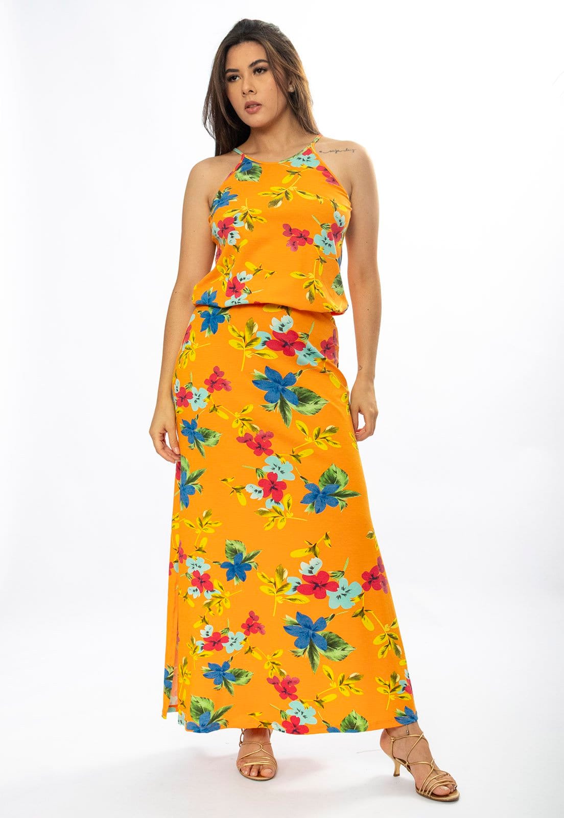 Vista 2 Vestido Longo Cabanafree Malha Trapézio com Elástico na Cintura Laranja Floral Cabanafree azul/estampado/verde/vermelho