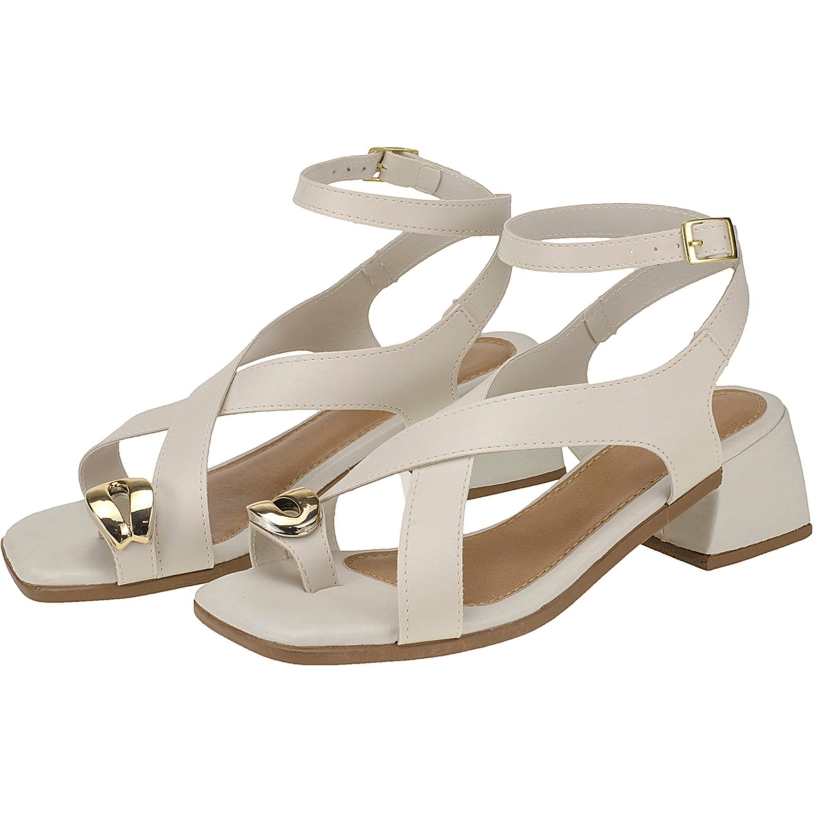 Vista 2 Sandália Feminina com Salto Quadrado Detalhe Dourado Off White CIA DOS PASSOS off-white white