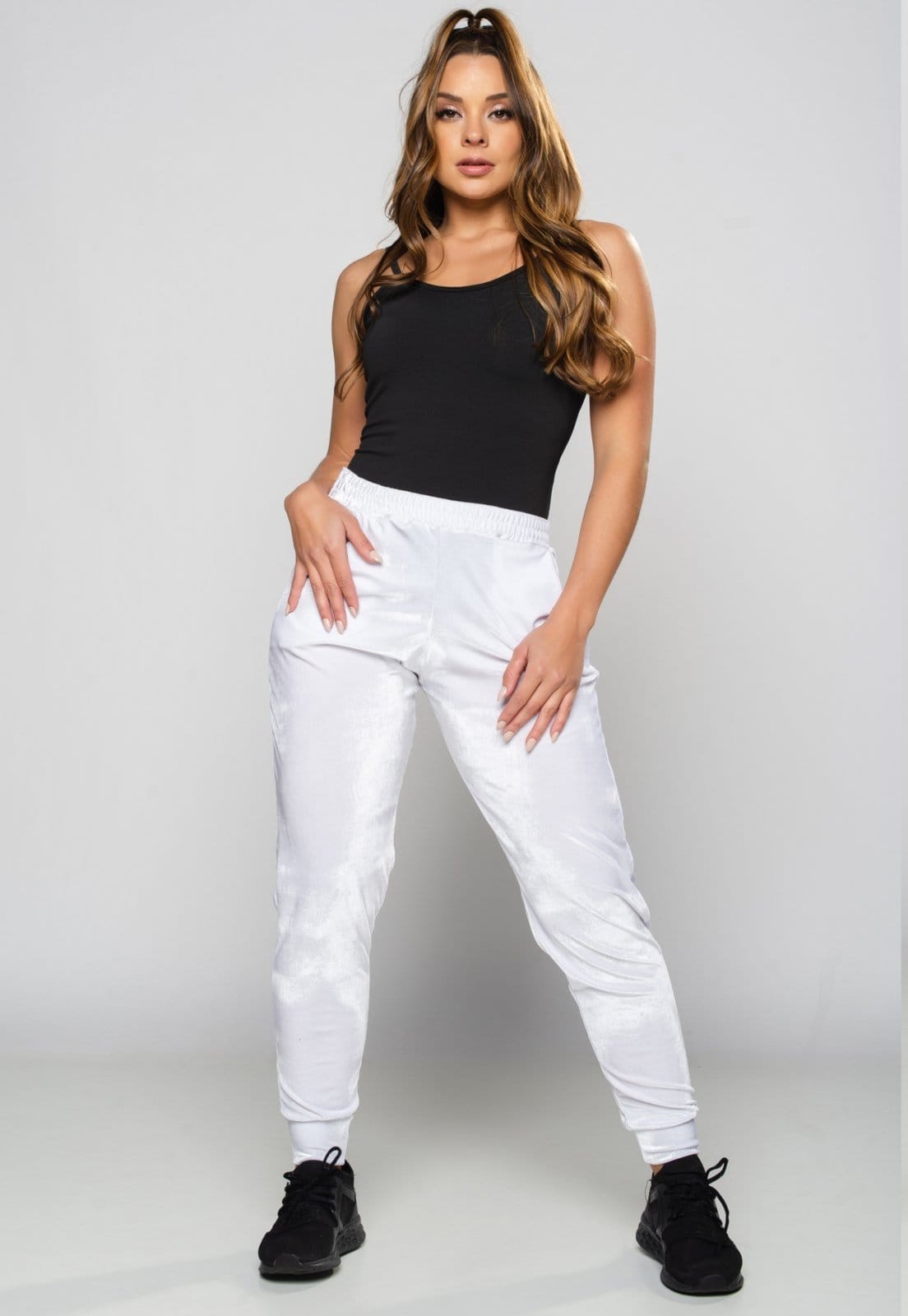 Calça Ribana Jogger MVB Modas Veludo Cintura Alta Branca