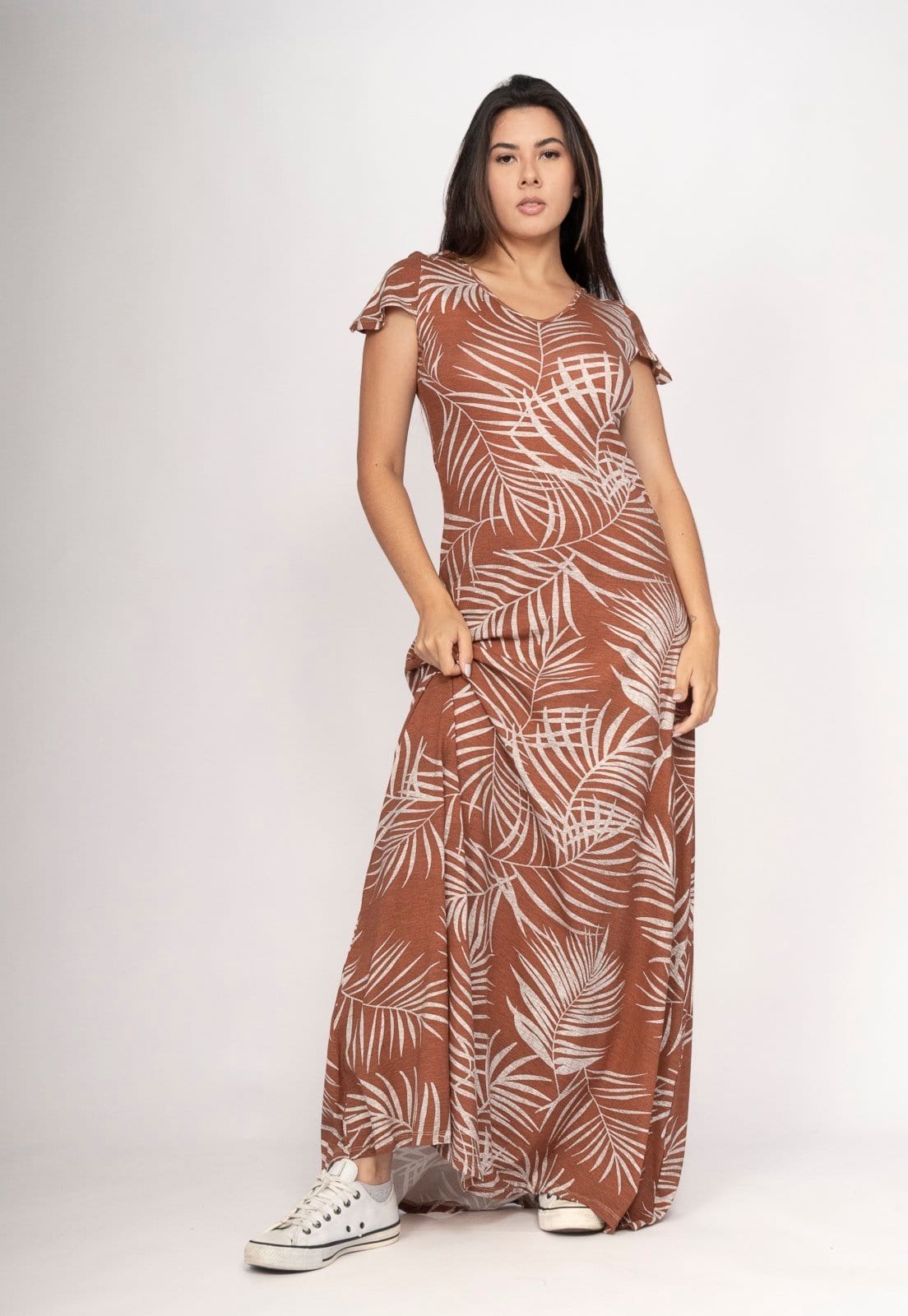 Vista 2 Vestido CabanaFree Amanara Longo Malha Estampa Palmas da Terra Cabanafree estampado